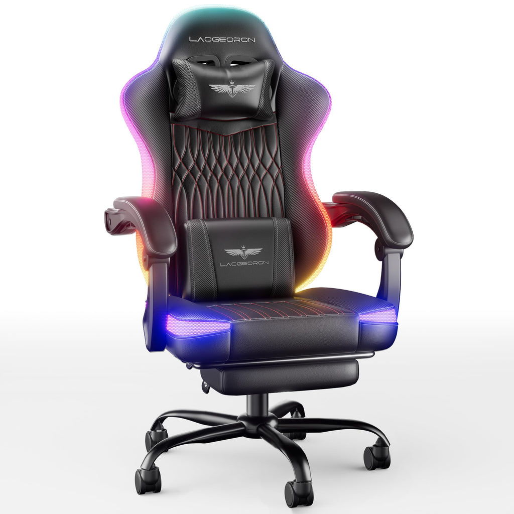 LaoGeoRon Ergonomic Gaming Chair, RGB LED Lights Computer Chairs with Retractable Footrest, 400 lbs Lumbar Support Linked Armrests Gamer Chair High Back Heavy Duty Video Game Chairs (Black Red)