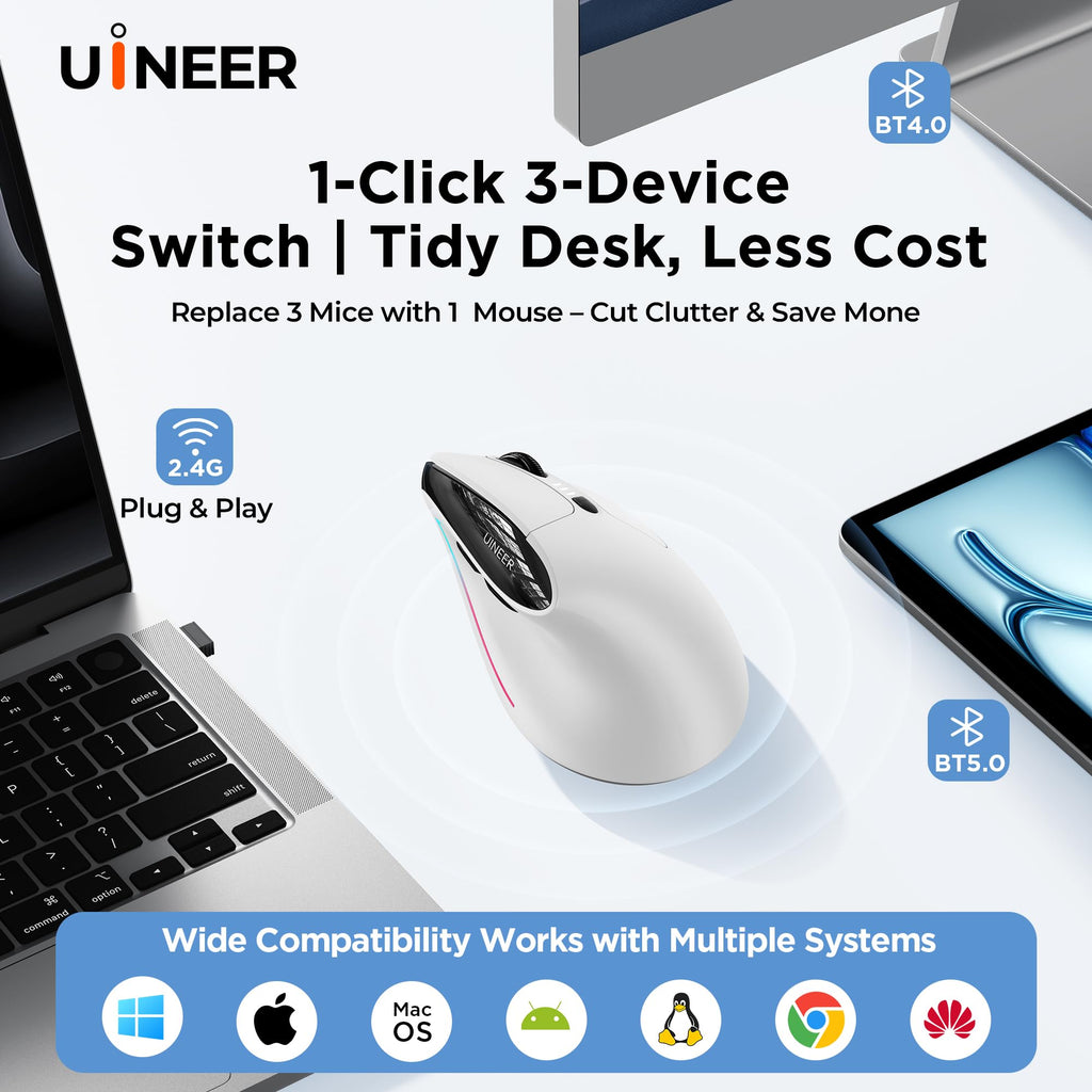 Uineer Ergonomic Wireless Vertical Mouse, Tri-Mode Bluetooth 5.0/4.0 and 2.4G USB, Rechargeable Silent Computer Mouse for Laptop, MacBook, iPad and PC, 4 DPI Levels, LED Light, 3-Device Switching