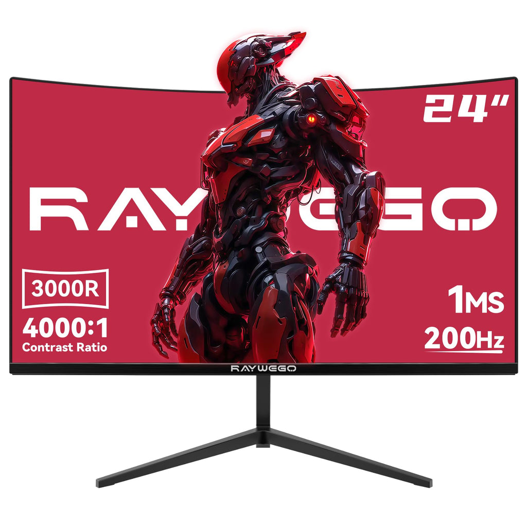 Raywego 24 Inch Curved Gaming Monitor, 200Hz/180Hz, FHD 1080P Computer Monitor, 1ms MPRT, 4000:1 Contrast Ratio, FreeSync, Eye-Care, HDMI, DP, VESA Mount Compatible