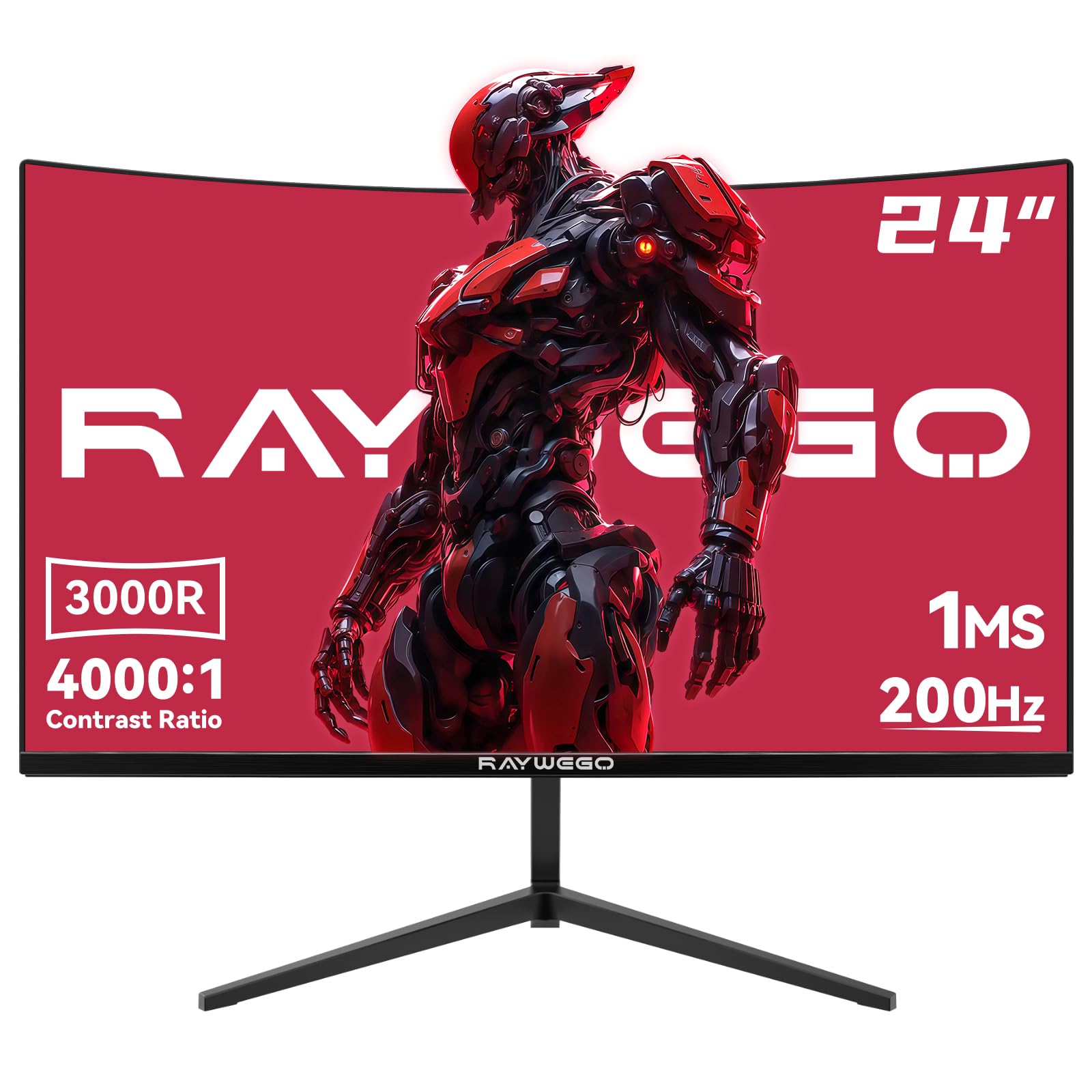 Raywego 24 Inch Curved Gaming Monitor, 200Hz/180Hz, FHD 1080P Computer Monitor, 1ms MPRT, 4000:1 Contrast Ratio, FreeSync, Eye-Care, HDMI, DP, VESA Mount Compatible