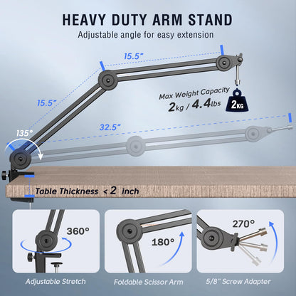 FIFINE Dynamic Podcast Microphone Set with Boom Arm Stand, Studio XLR/USB Microphone for Recording Vocal Streaming, Metal Mic with Mute Tap, Headphone Jack, Heavy Duty Boom Arm-K688T