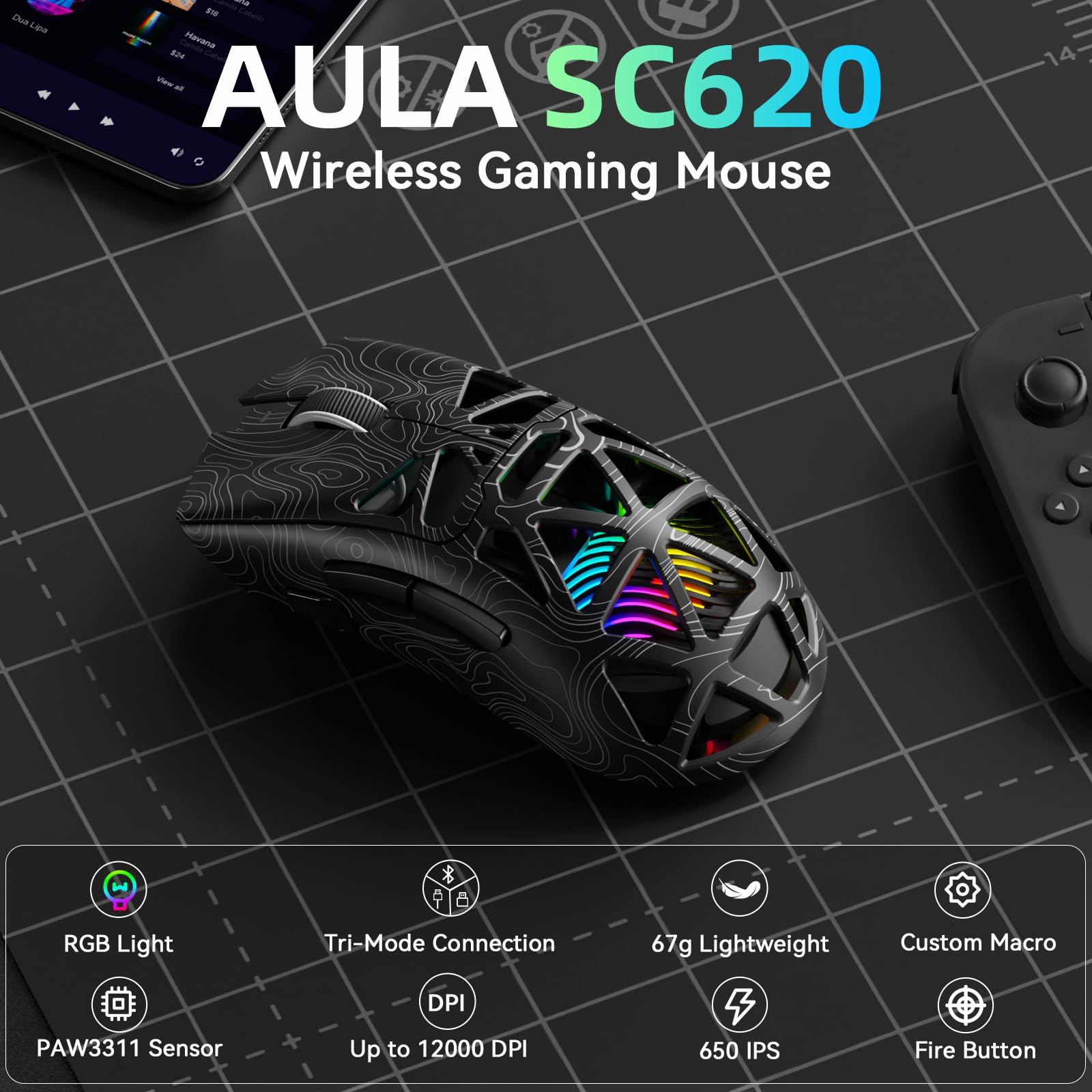 Aula SC620 Wireless Gaming Mouse, Tri-Mode 2.4GHz/USB-C/BT5.3 Computer Mouse with 12000 DPI, Programmable Macro Gamer Mouse with Rapid Fire Key, RGB Light Gaming Mice for PC/Laptop/Mac