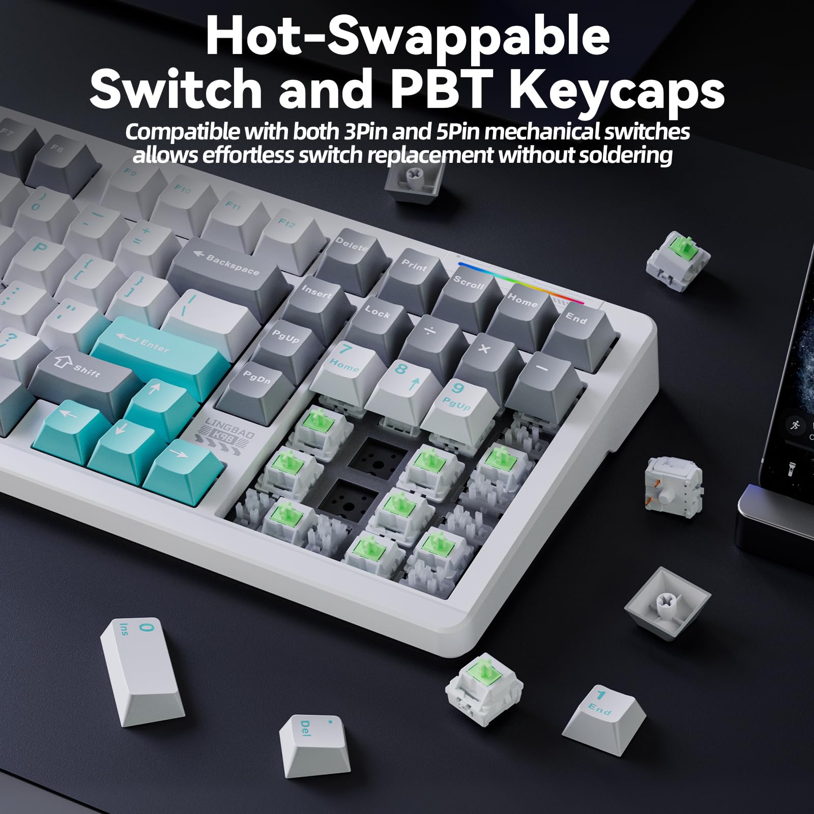 LINGBAO K98 - 96% Mechanical Keyboard Wireless,10000mAh Battery,Wireless Gaming Keyboard BT5.0/2.4G/USB-C, Gasket Hot Swappable,RGB Backlit, Creamy Sounding Keyboards with Number Pad for Win/Mac/PC