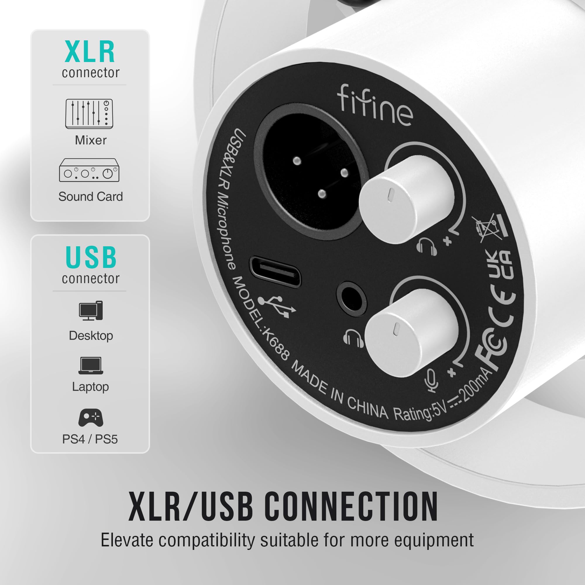 FIFINE Podcast XLR/USB Microphone Kit, Studio Dynamic Vocal Mic for Recording, Streaming, Voice-Over, PC Microphone with Boom Arm with Mute, Headphone Monitoring, Metal-AmpliTank K688T White