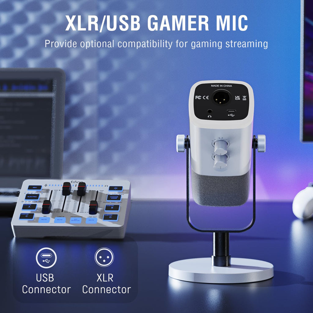 FIFINE KS5W, XLR/USB dynamic microphone with audio mixer for streaming, podcasting and gaming.