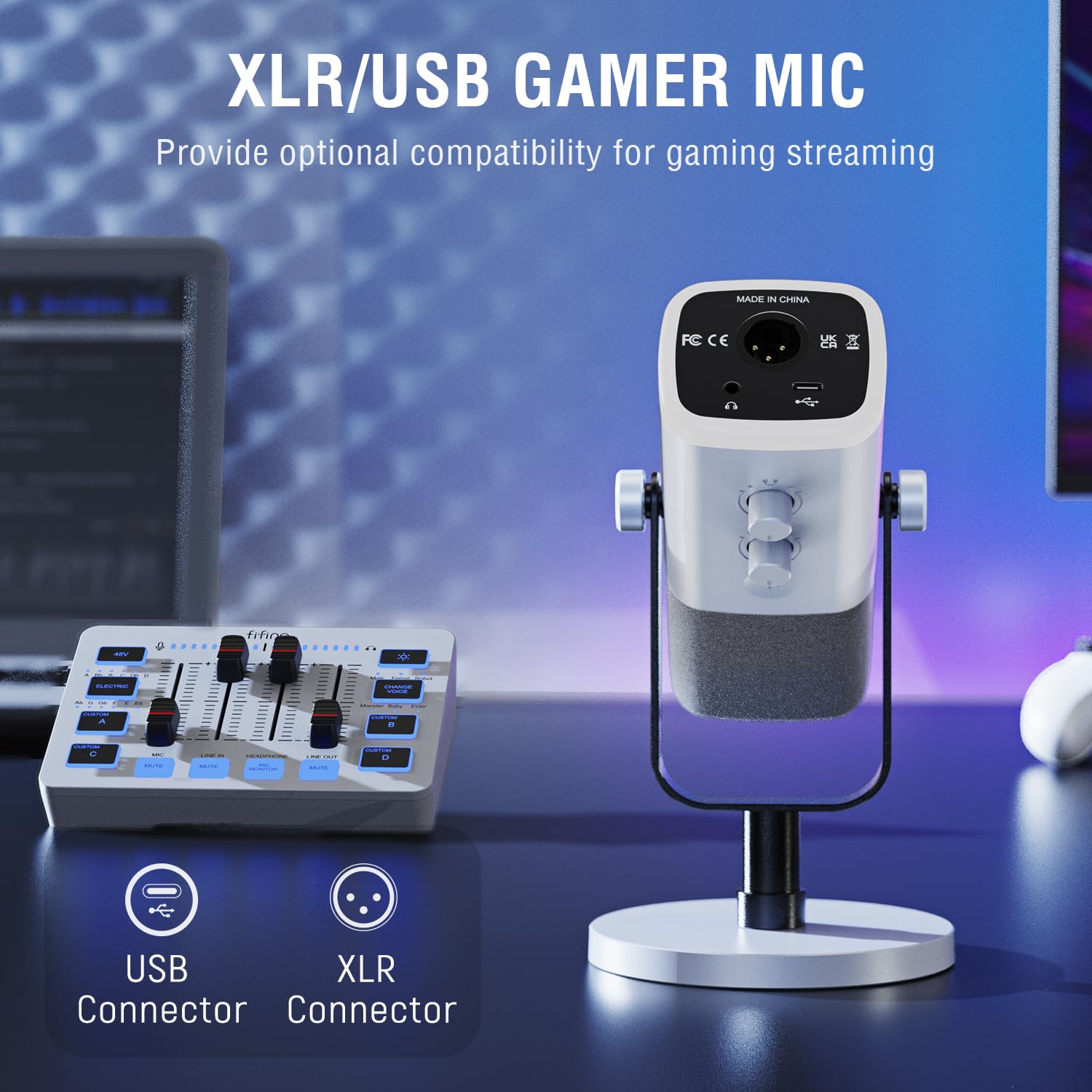 FIFINE KS5W, XLR/USB dynamic microphone with audio mixer for streaming, podcasting and gaming.