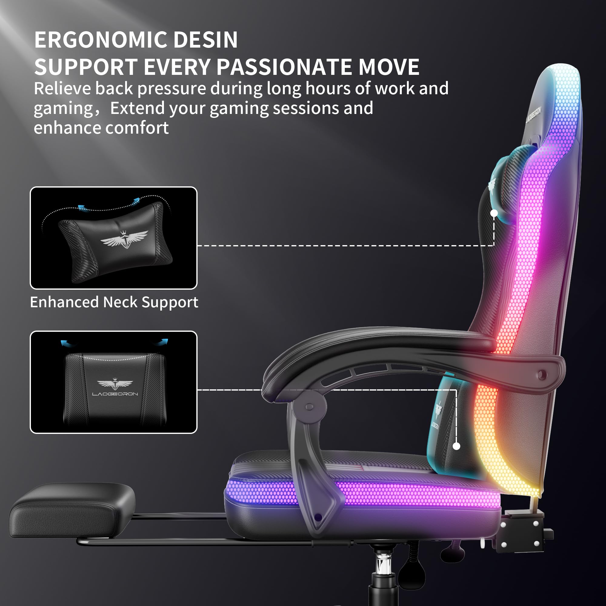 LaoGeoRon Ergonomic Gaming Chair, RGB LED Lights Computer Chairs with Retractable Footrest, 400 lbs Lumbar Support Linked Armrests Gamer Chair High Back Heavy Duty Video Game Chairs (Black Red)