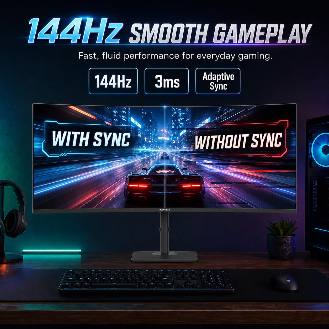 Deco Gear 49 Inch Curved Monitor, 3840x1080 Ultrawide Gaming WDFHD Screen, 144Hz, 32:9, 3ms, 3000:1 VA Display, HDR400, Adaptive Sync, USB-C 65W, HDMI, PIP/PBP, KVM, 1800R, Office & Workstation Setup