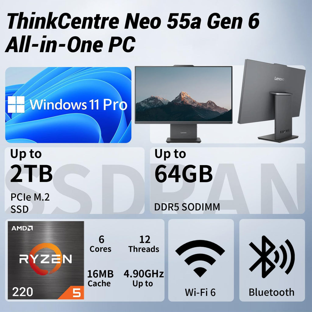 Lenovo ThinkCentre Neo 55a Gen 6 Business All-in-One, 23.8" FHD IPS 100Hz, AMD Ryzen 5 220 Up to 4.9 GHz, 16GB DDR5, 512GB SSD, Wired KB & Mouse, HDMI, 5MP Webcam, Wi-Fi 6, Windows 11 Pro, w/Bundle