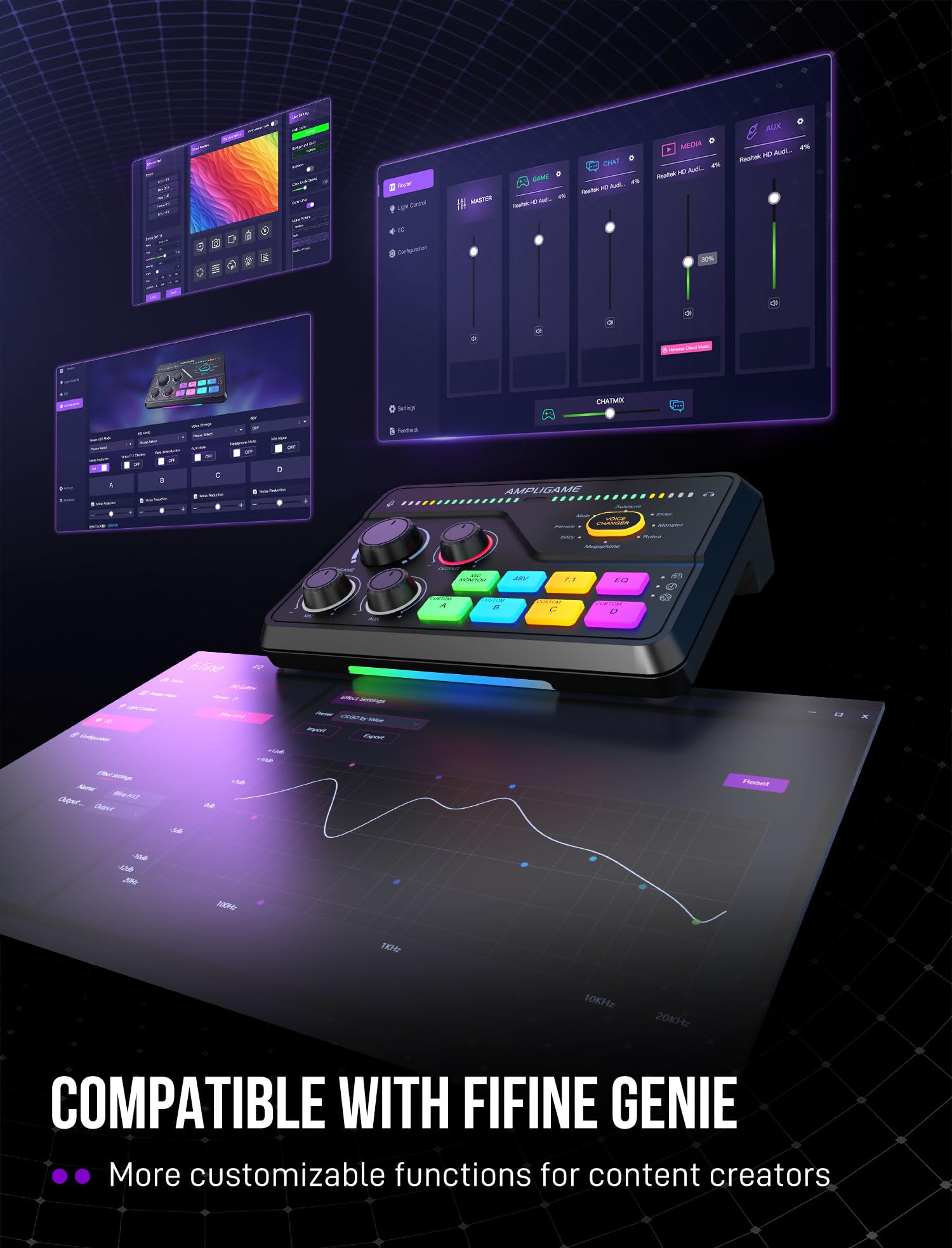 Fifine Gaming Mixer for Voice Chat and Streaming- 7.1ch Surround Sound Headphone Amp-XLR Preamp-USB Plug & Play-Voice Changer-RGB-Volume Control-3 EQ Modes Ampligame SC8