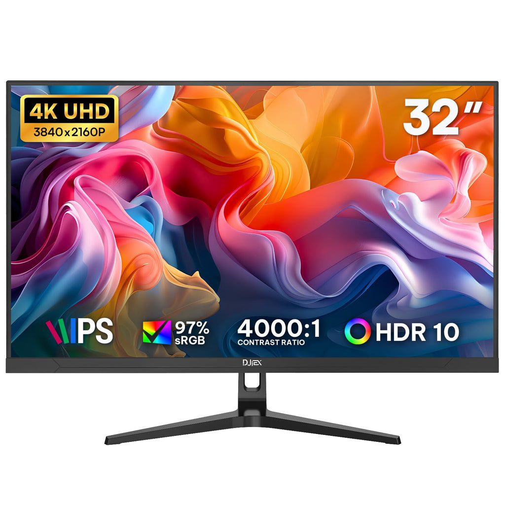 DJiEX 32 Inch 4K Computer Monitor, UHD 3840 * 2160P, 60HZ, 4000:1 Contrast Ratio, 97% sRGB, FreeSync, Eyecare, IPS Panel, Compatible with Wall Mounting, Ideal for Business & Office
