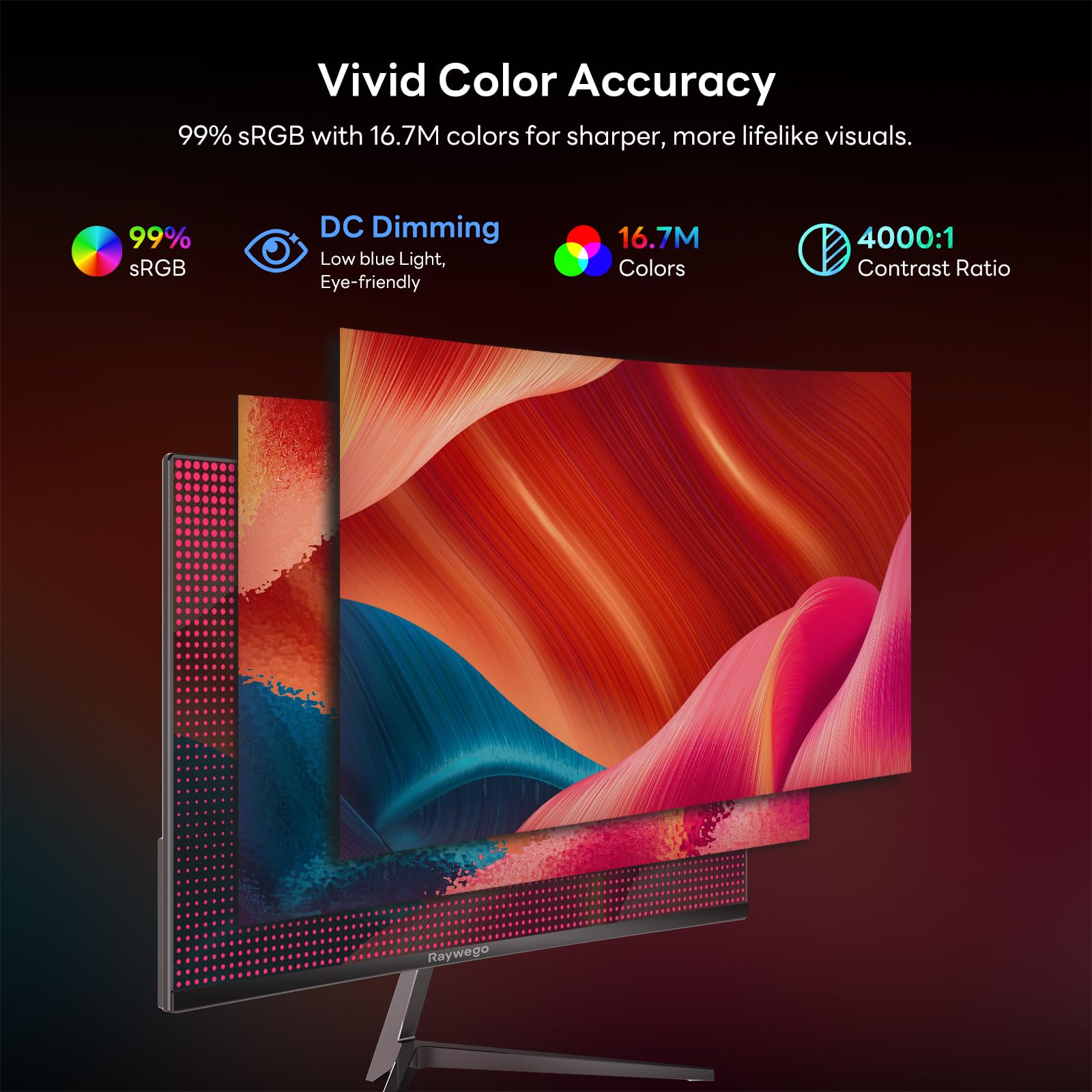 Raywego 24 Inch Curved Gaming Monitor, 200Hz/180Hz, FHD 1080P Computer Monitor, 1ms MPRT, 4000:1 Contrast Ratio, FreeSync, Eye-Care, HDMI, DP, VESA Mount Compatible