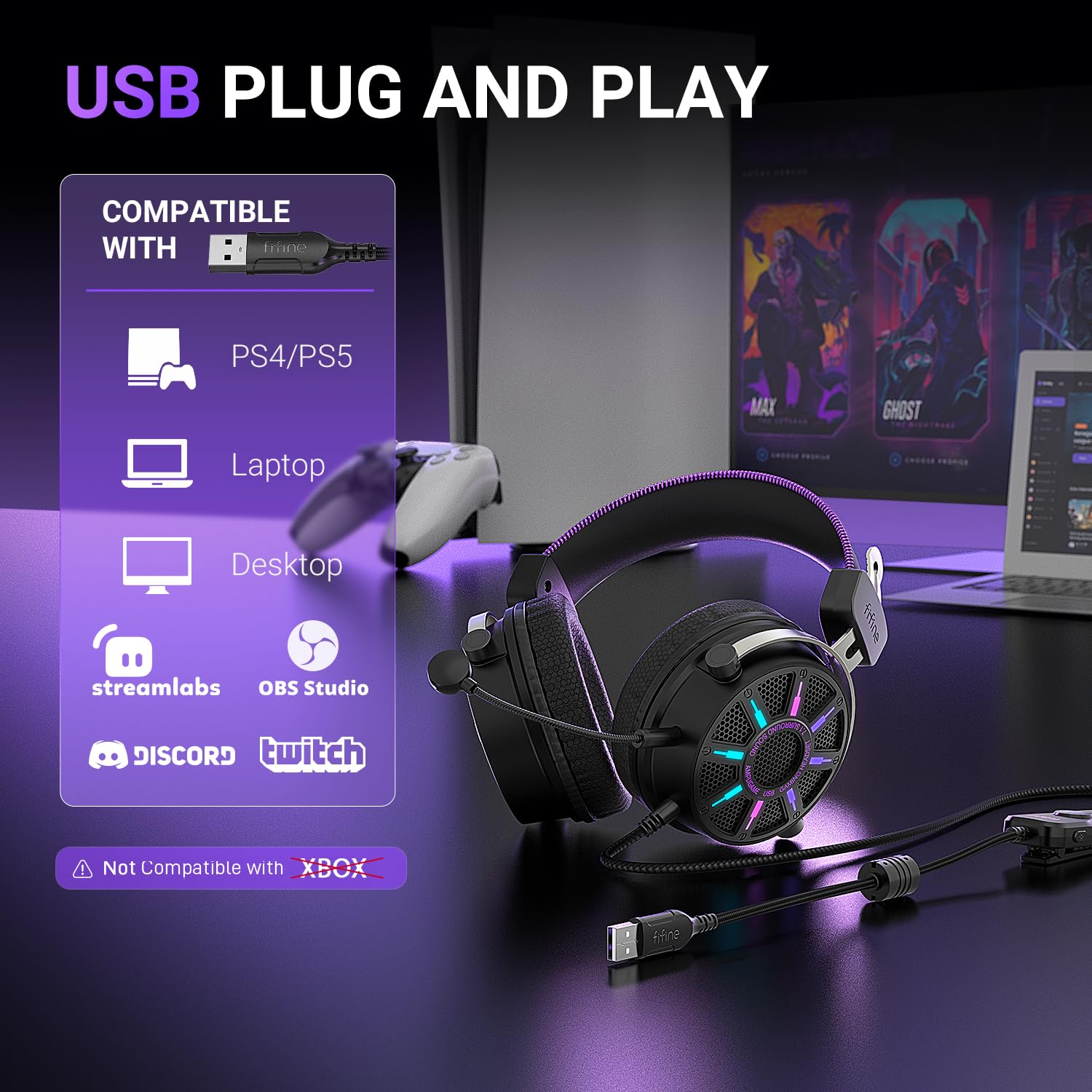 FIFINE Wired USB Gaming Headset with Open Back Design, Breathable Mesh Fabric, 7.1 Surround Sound, Vibrant RGB, in-line Control Box, Over-Ear Headphone with Mic for PC, PS5/PS4, Laptop, Mac - H19BP