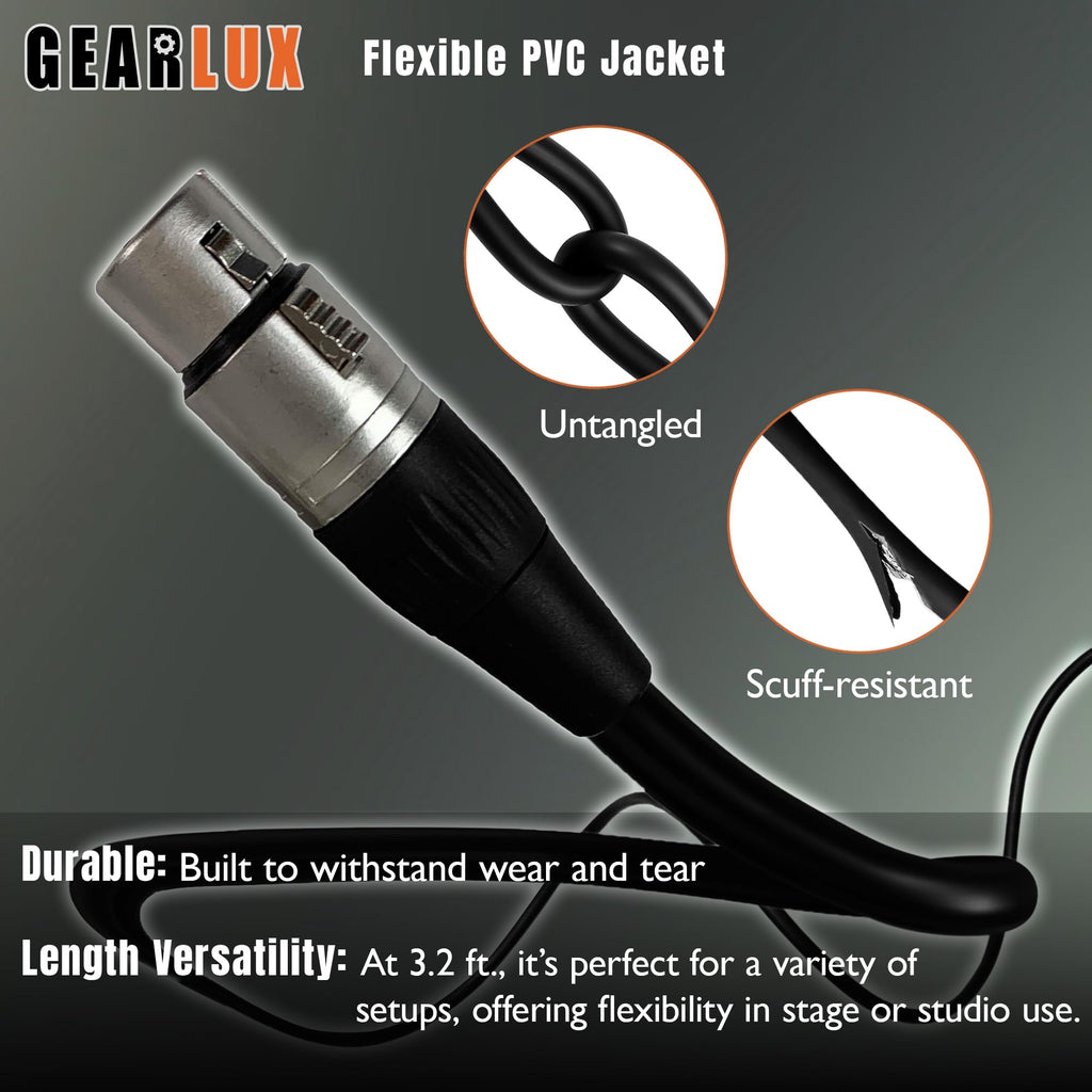 Gearlux XLR Microphone Cable, Fully Balanced, Male to Female, 3.2 Feet - Single Pack