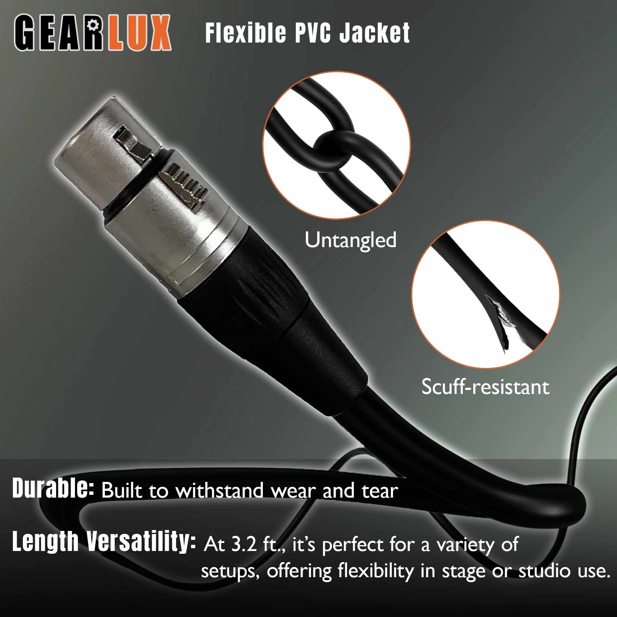 Gearlux XLR Microphone Cable, Fully Balanced, Male to Female, 3.2 Feet - Single Pack