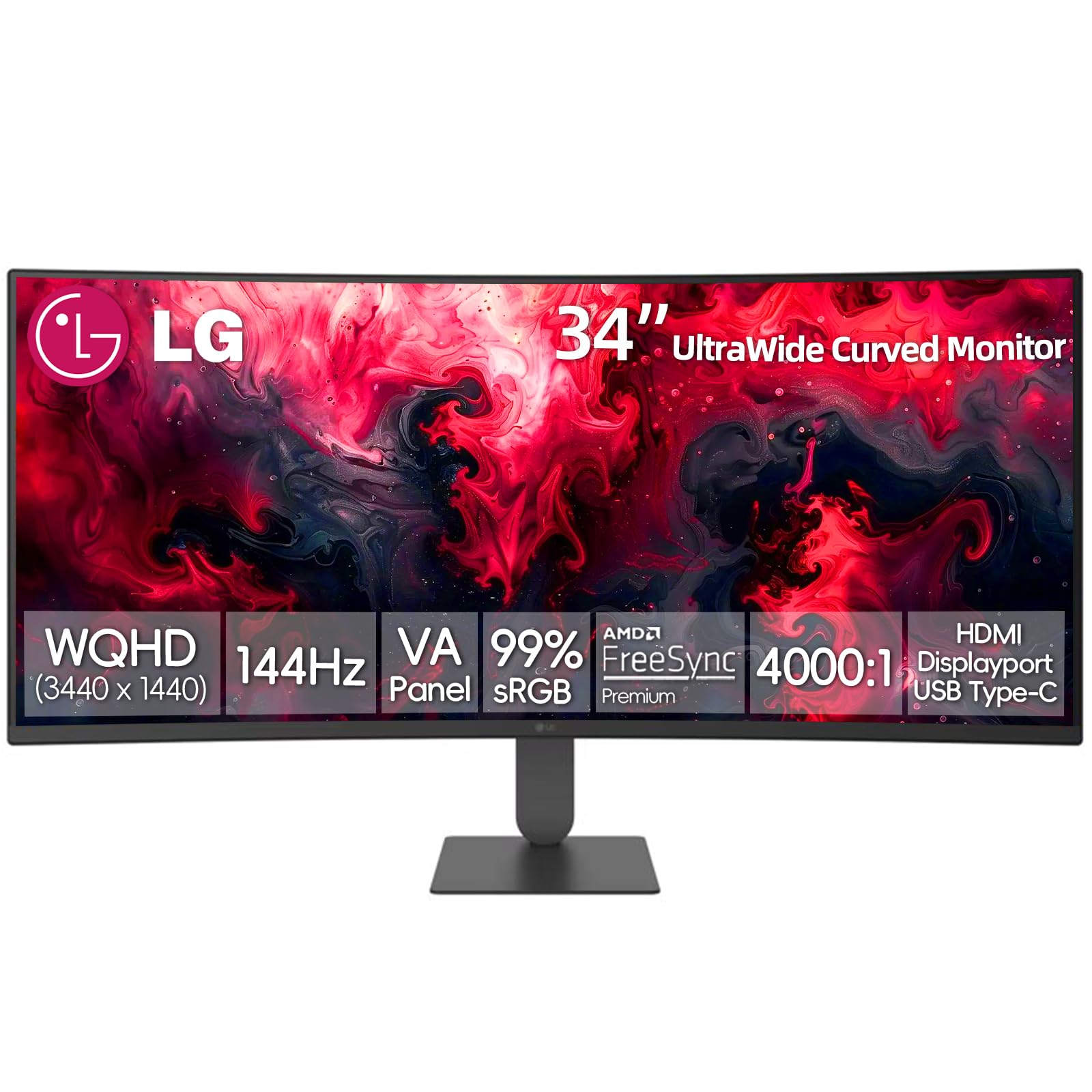 LG 34 Inch UltraWide Curved Monitor, WQHD (3440 x 1440), 144Hz, AMD FreeSync Premium, HDR10, 99% sRGB, Dual Controller (KVM Switch), USB Type-C, HDMI, DisplayPort, Height/Tilt Adjustable Stand, Black