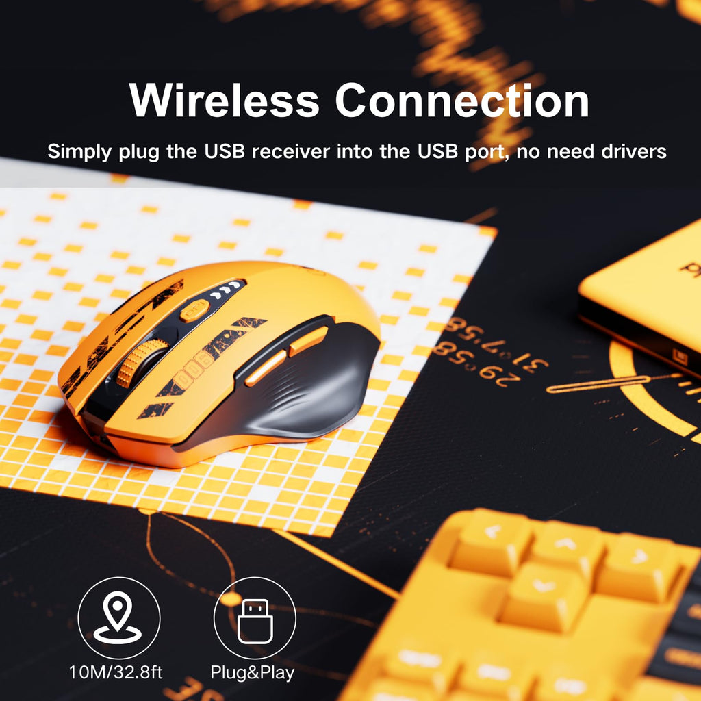Uineer Wireless Mouse,Upgraded 2.4GHz Rechargeable (Battery Level Visible) Ergonomic Computer Mouse,4 Levels DPI, Wireless Mice for Laptop Computer(Yellow)