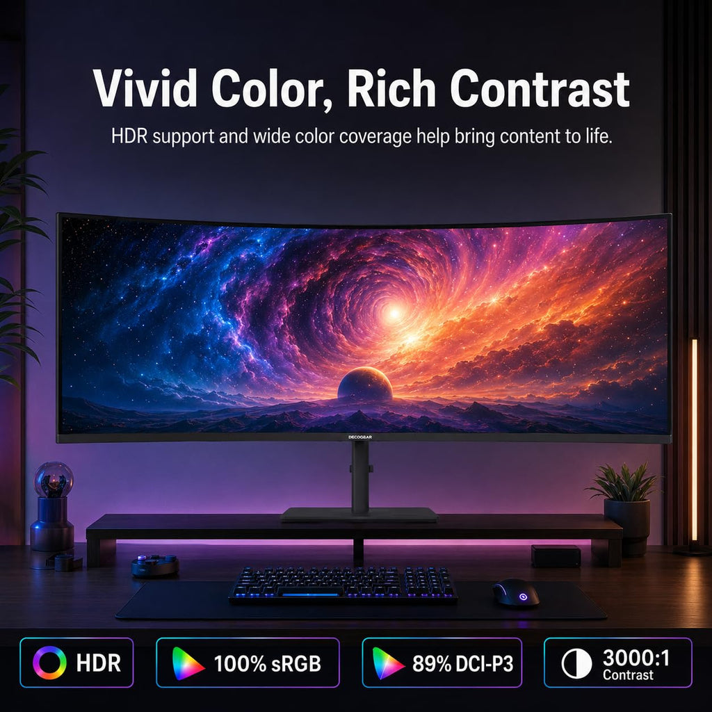 Deco Gear 49 Inch Curved Monitor, 3840x1080 Ultrawide Gaming WDFHD Screen, 144Hz, 32:9, 3ms, 3000:1 VA Display, HDR400, Adaptive Sync, USB-C 65W, HDMI, PIP/PBP, KVM, 1800R, Office & Workstation Setup