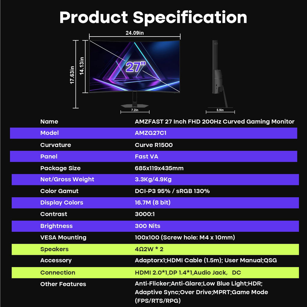 Amzfast 27 inch 200Hz Curved Gaming Monitor, FHD 1080p with Built-in Speakers, FreeSync, MPRT 1ms, 130% sRGB, 3000:1, 1500R, VESA Mount, HDMI 2.0&DP 1.4, 12 Months Warranty Exchange, AMZG27C1