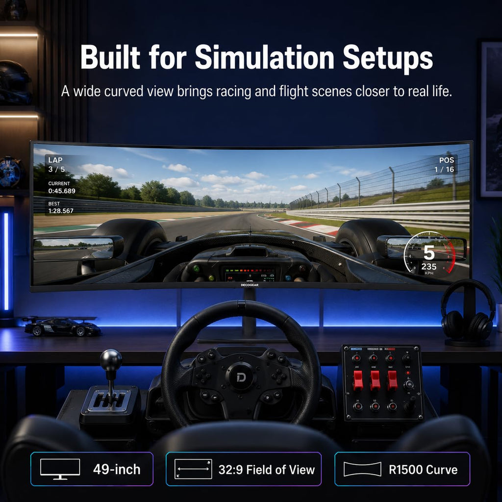 Deco Gear 49 Inch Curved Monitor, 3840x1080 Ultrawide Gaming WDFHD Screen, 144Hz, 32:9, 3ms, 3000:1 VA Display, HDR400, Adaptive Sync, USB-C 65W, HDMI, PIP/PBP, KVM, 1800R, Office & Workstation Setup
