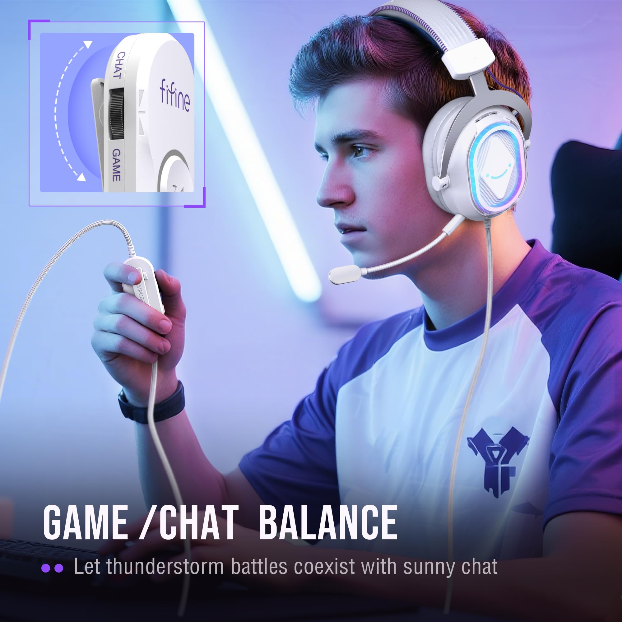 FIFINE USB Gaming Headset: Flowing RGB Lighting - 7.1 Surround Sound - Detachable Mic - Soft Ear Pads, Over-Ear Headset with Control Box, for PC, Laptop, Mac, PS5/PS4 - AmpliGame H13WP (White&Purple)