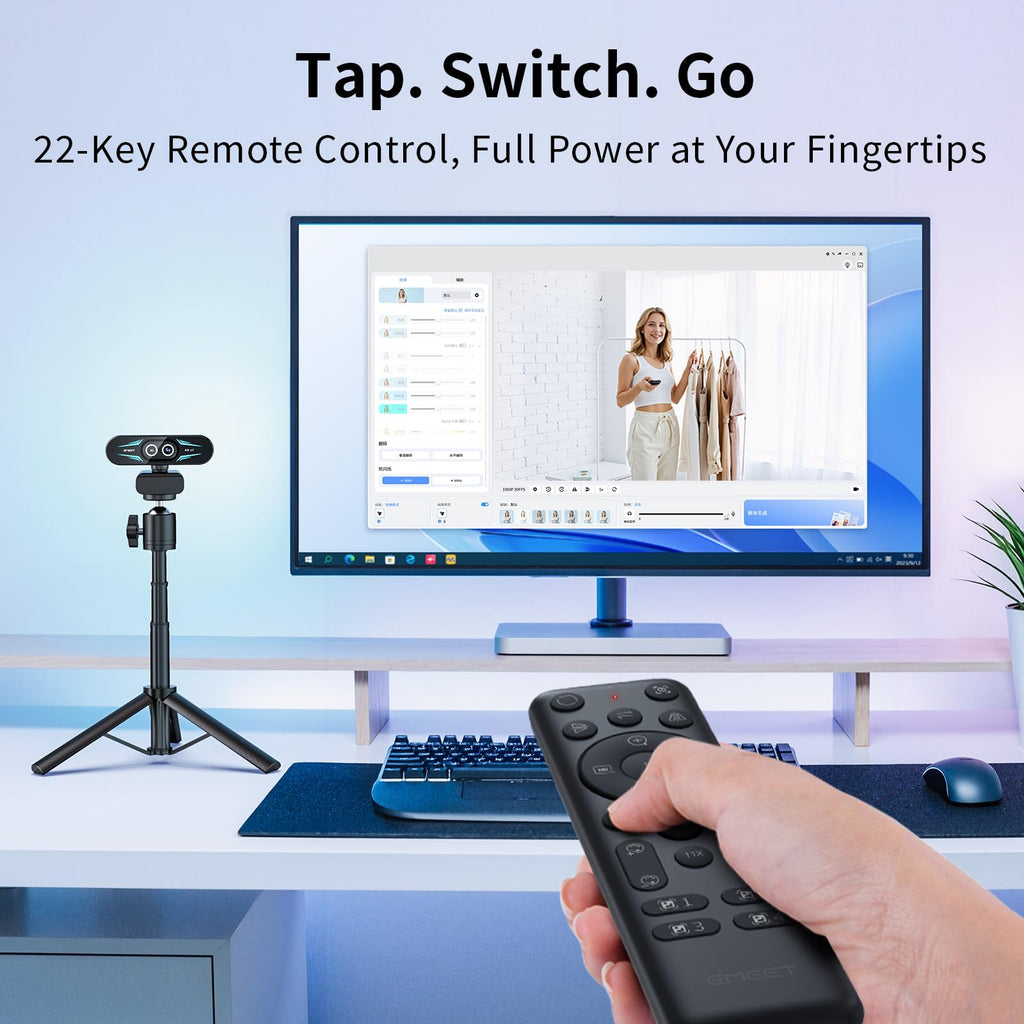 EMEET C60E Dual-Camera 4K Webcam for Streaming, Wide-Angle and Telephoto Cameras, Max 11X Hybrid Zoom & PDAF Autofocus, Remote Control, RGB Lighting, 2 Mics, Ideal for Livestreaming and Online Meeting