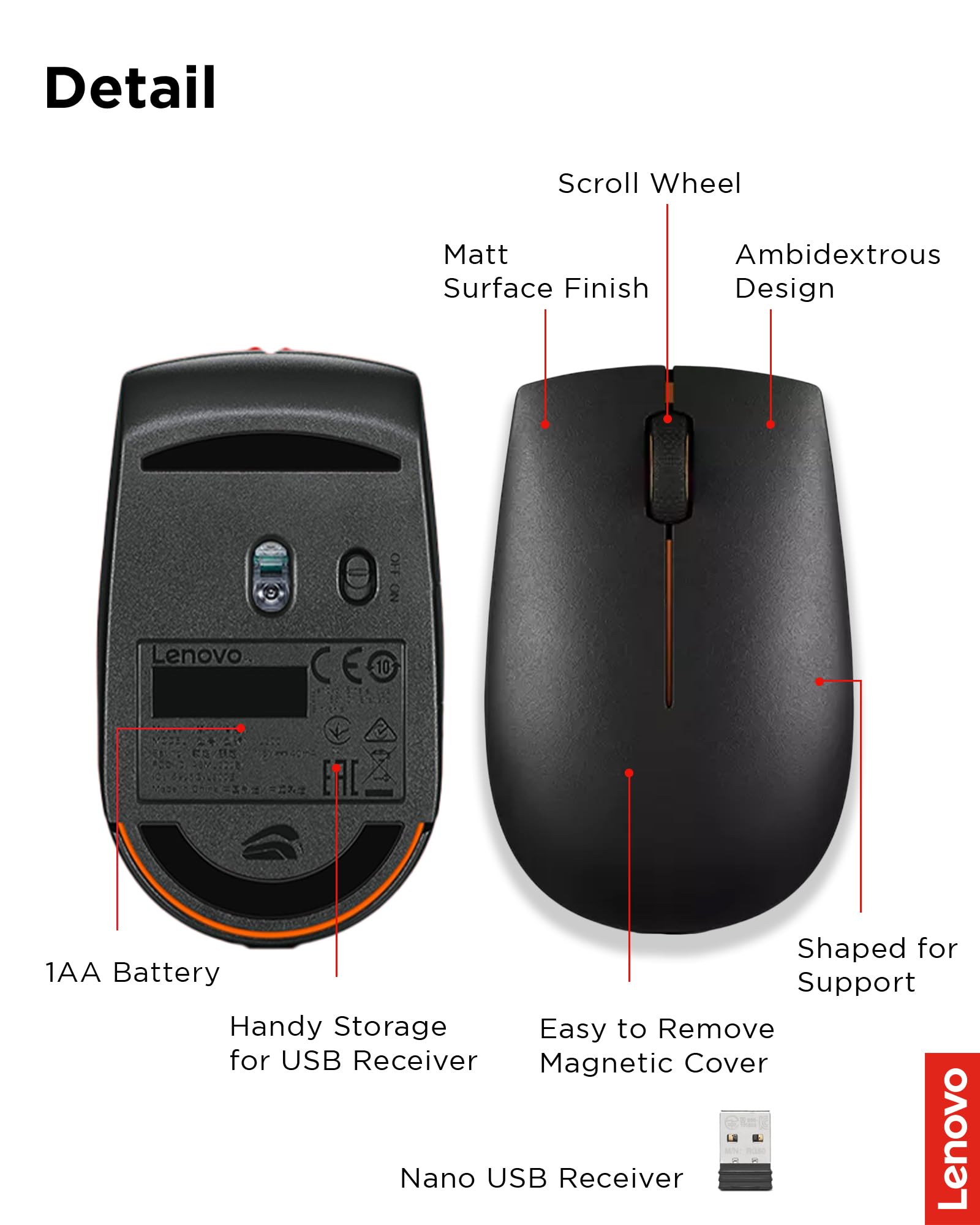 Lenovo 300 Wireless Mouse, Black, Computer Mouse for PC and Laptop with Windows, Ambidextrous Design, 2.4 GHz Nano USB Receiver, 12 Month Battery Life