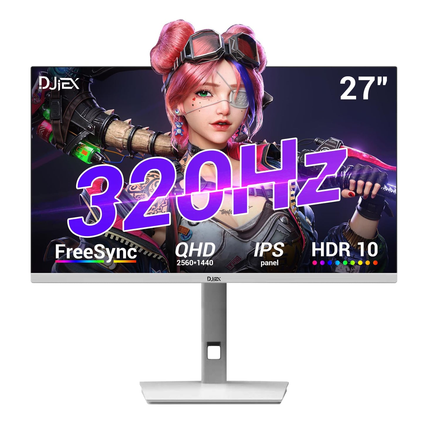 DJiEX 27 Inch 320Hz Gaming Monitor, 2K QHD 2560 x 1440P IPS Computer Display, HDR10, FreeSync, Height/Swivel/Tilt Adjustable Ergonomic Stand, 2*HDMI/2*DP, VESA Mountable, White