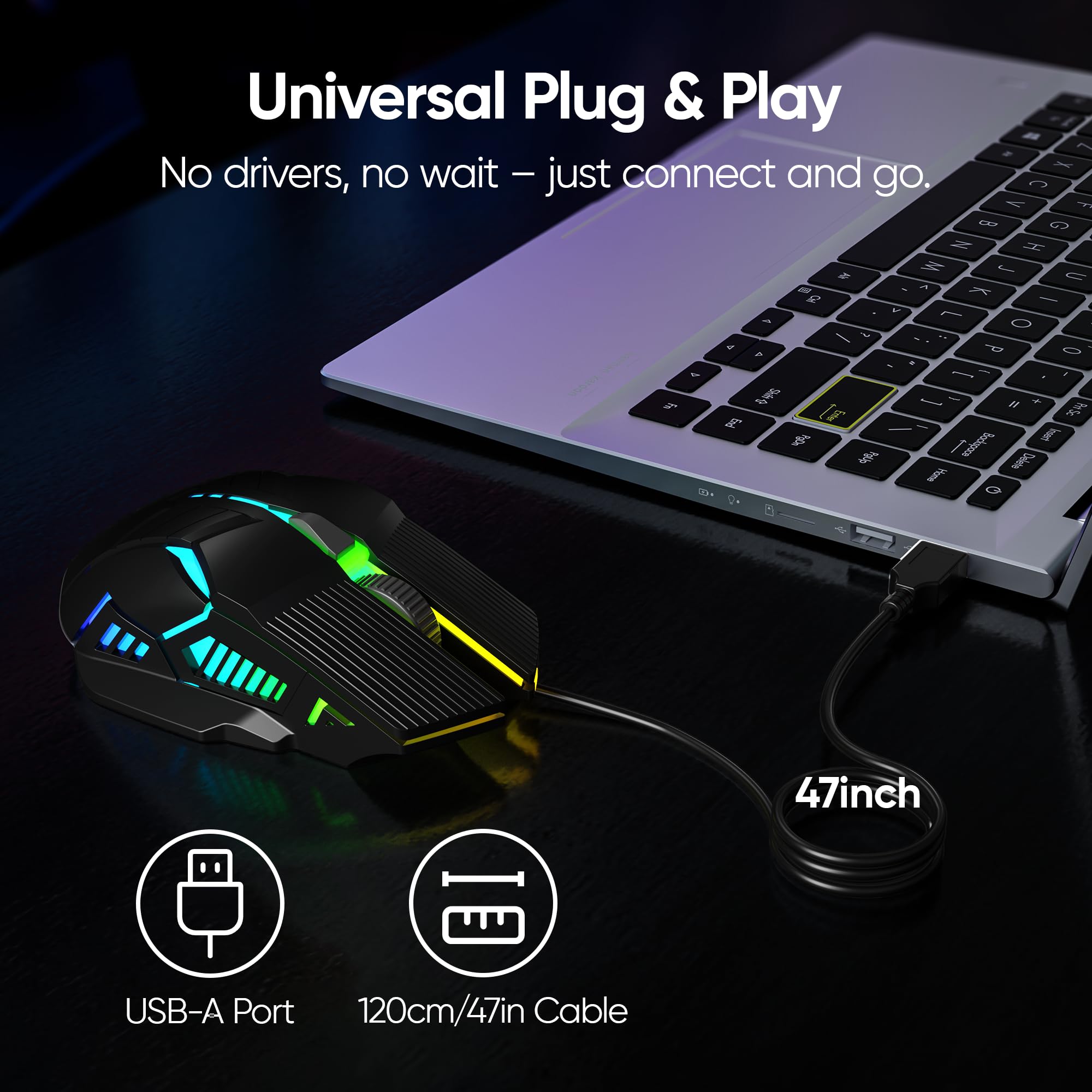 MELOGAGA Wired Gaming Mouse - Lightweight USB Optical Computer Mice with 7-Color RGB LED Lights, 4 Adjustable DPI (1200-3200), 6 Buttons, Ergonomic Design for Windows (S800-Black)