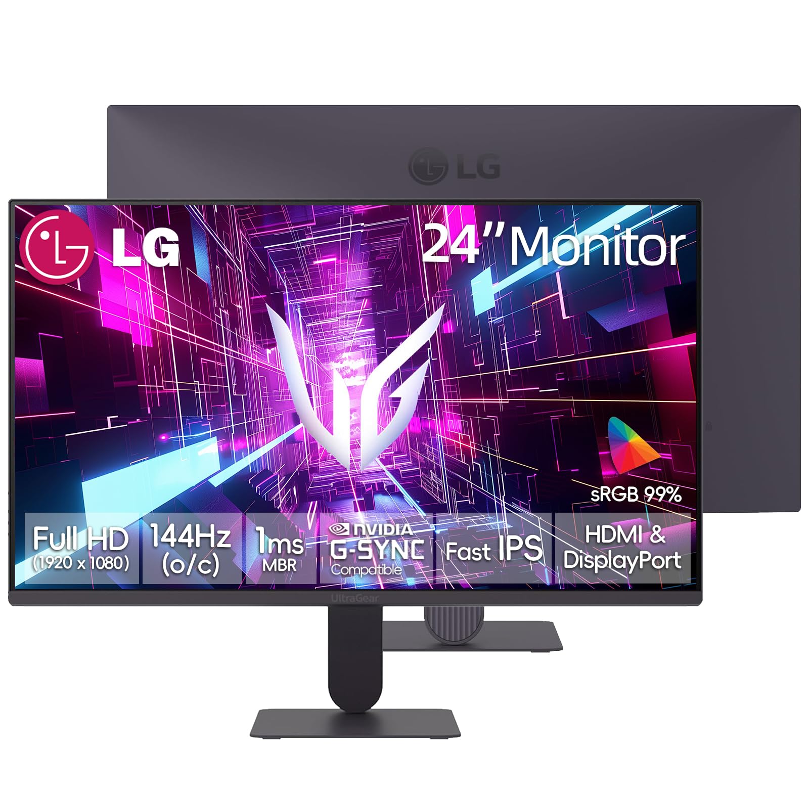 LG 24 inch Ultragear Gaming Monitor, FHD IPS Display, 144Hz Overclock, 1ms MBR, HDR10, 99% sRGB, NVIDIA G-SYNC Compatible & AMD FreeSync, Black Stabilizer, HDMI, DisplayPort, VESA Mountable, Tilt