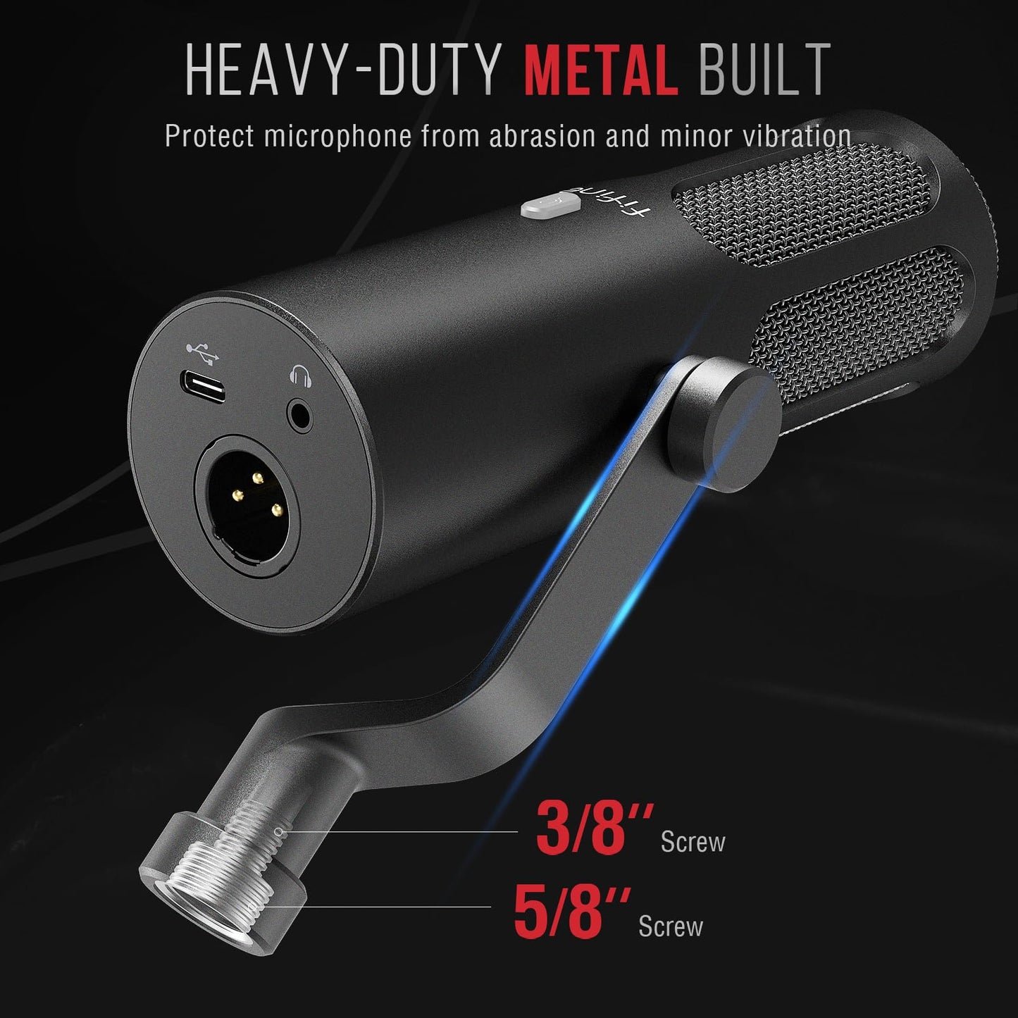 FIFINE XLR/USB Podcast Dynamic Microphone for Streaming, Studio XLR Microphone, PC Streamer Mic All Metal with Mute Button, Headphone Jack, for Vocal Voice Over Music Recording-AmpliTank Tank3