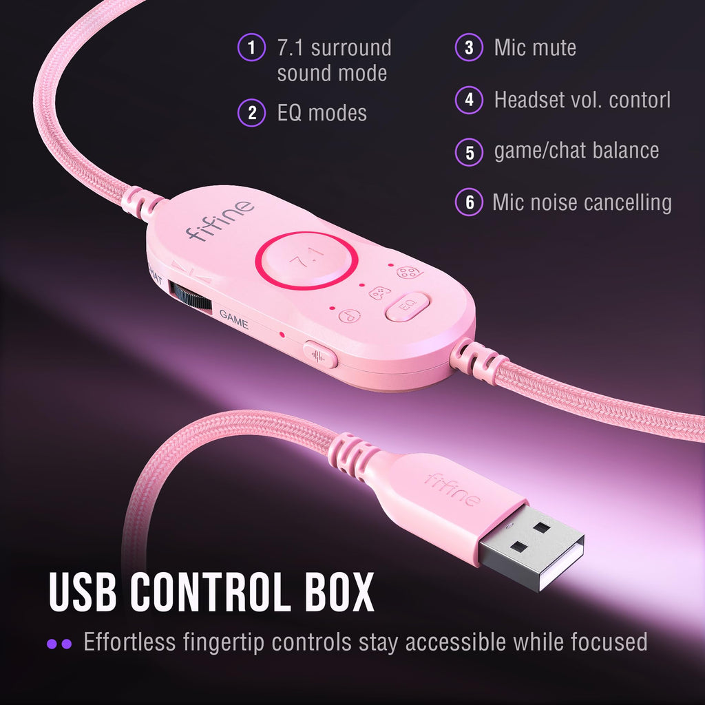 FIFINE Wired RGB Gaming Headset, PC Over-Ear Streaming Headset with USB, 7.1 Surround Sound, Noise-Cancelling Mic, Soft Ear Pads, 4 EQ Modes for PC, Laptop, Mac, PS4, PS5 - AmpliGame H13P (Pink)