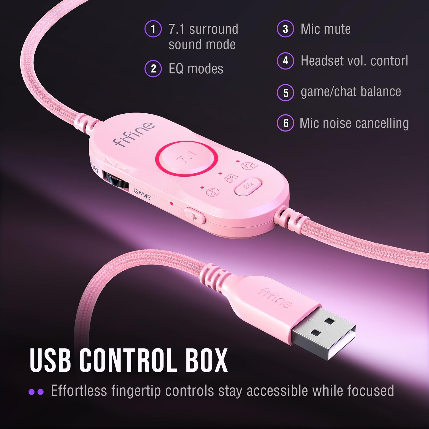 FIFINE Wired RGB Gaming Headset, PC Over-Ear Streaming Headset with USB, 7.1 Surround Sound, Noise-Cancelling Mic, Soft Ear Pads, 4 EQ Modes for PC, Laptop, Mac, PS4, PS5 - AmpliGame H13P (Pink)