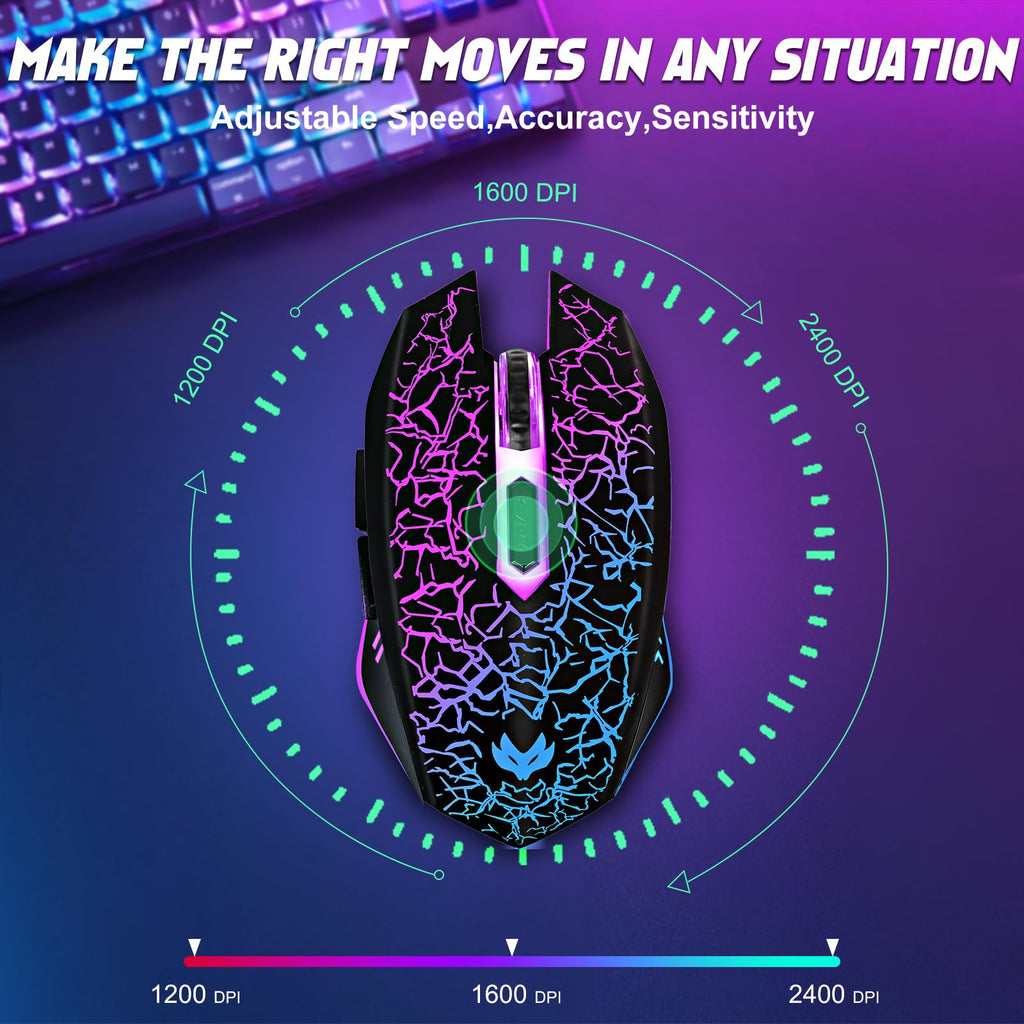 LuLabboard Wireless Gaming Mouse, Rechargeable Wireless Computer Mouse, 7-Color LED Light, Ergonomic Mouse with 6 Silent Click Buttons, 3 Adjustable 2400 DPI Wireless Mouse for Laptop,PC,Mac, Black