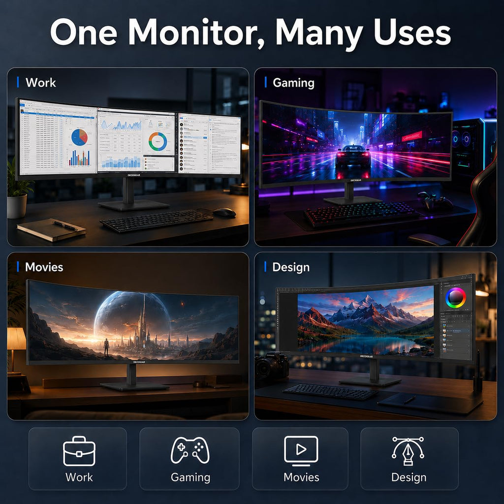 Deco Gear 49 Inch Curved Monitor, 3840x1080 Ultrawide Gaming WDFHD Screen, 144Hz, 32:9, 3ms, 3000:1 VA Display, HDR400, Adaptive Sync, USB-C 65W, HDMI, PIP/PBP, KVM, 1800R, Office & Workstation Setup
