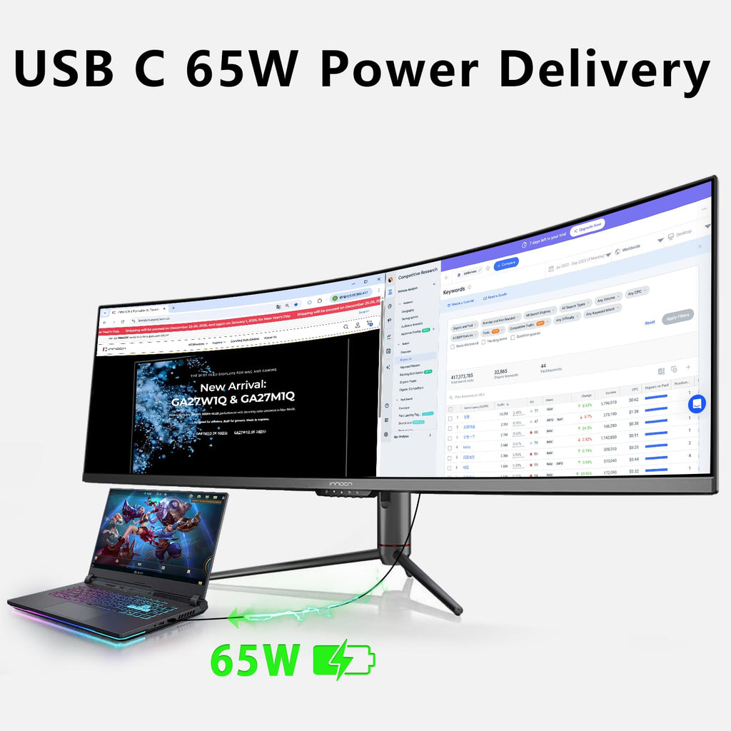 INNOCN 49" Curved Ultrawide WFHD 3840 x 1080P 144Hz 32:9 Monitor, Screen Split PIP PBP for Workflow/Gaming, R1800, HDR400, USB C, DisplayPort, HDMI, Speakers, Adjustable, Black (HDMI+DP Cable)