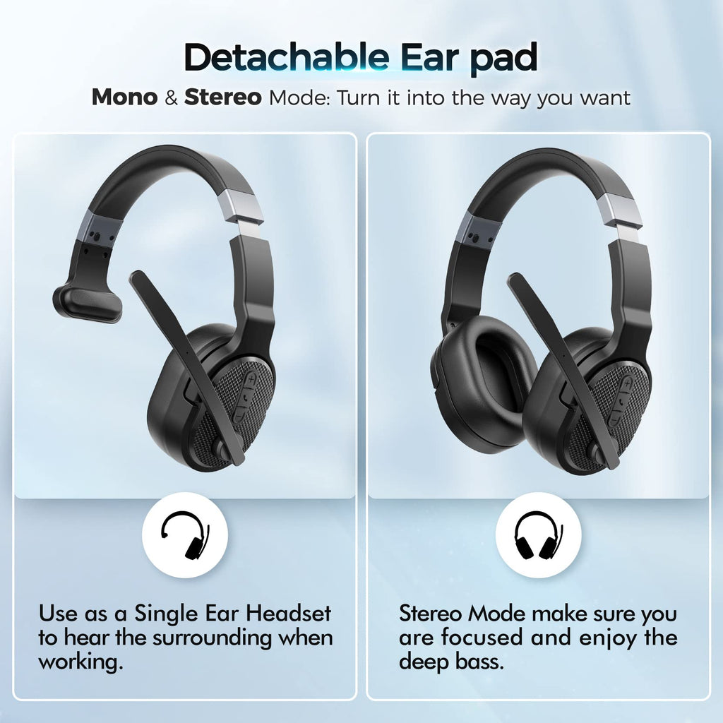 COSMUSIS Trucker Bluetooth Headset, Wireless Headsets with Noise Cancelling Microphone, Long Battery Life Bluetooth Headphones with Detachable Earpad/Single+Dual Mode for Office/Driving/Home