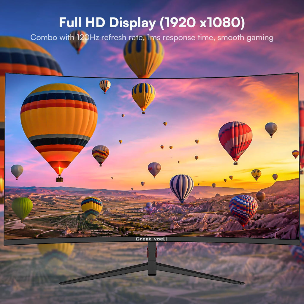 Great voell 27 Inch Curved Computer Monitor, 120Hz Full HD Display (1920 x1080), VA Panel, 99% sRGB, 4000:1 Contrast Ratio, HDR10, Eye Care, HDMI, Game Mode, VESA, Home Office