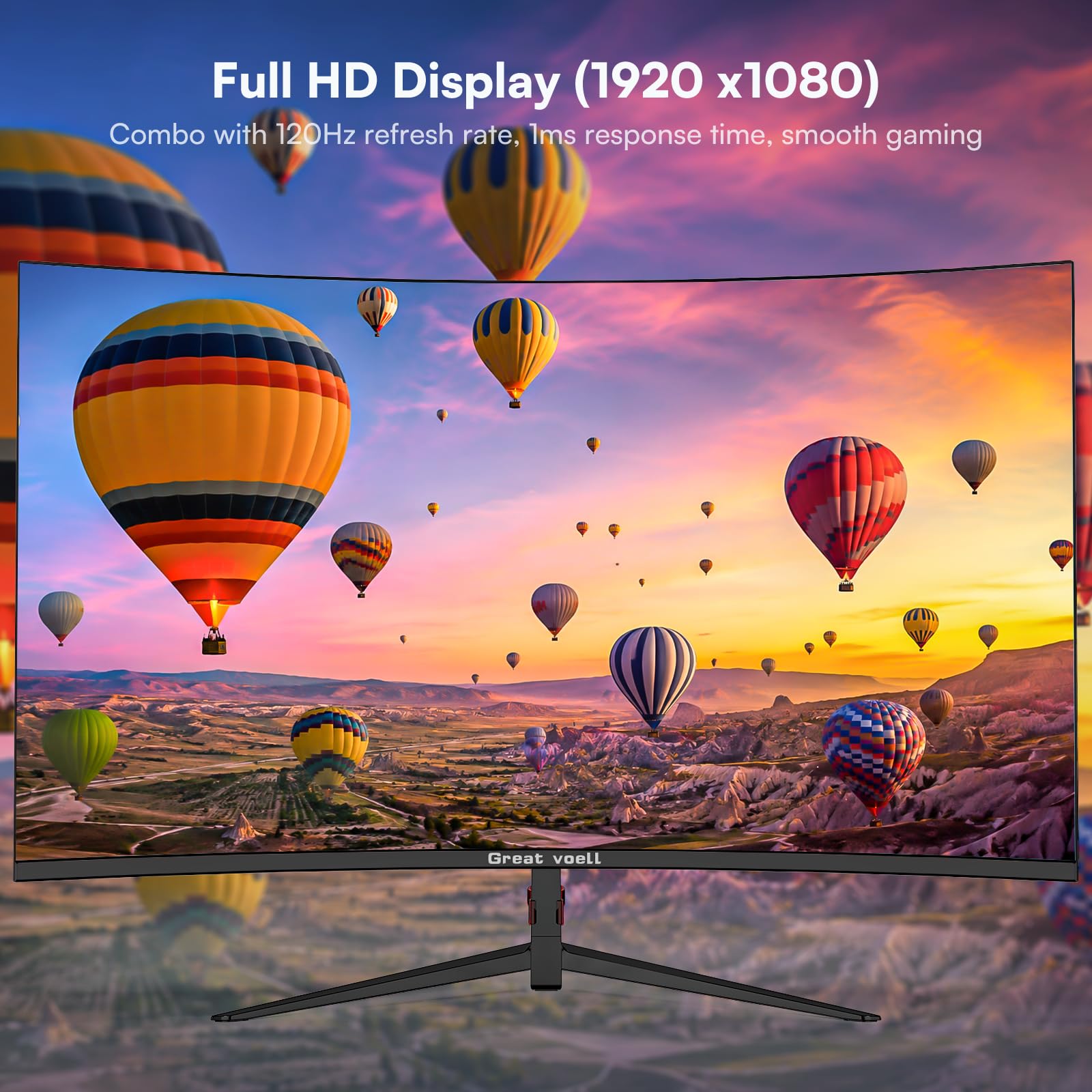 Great voell 27 Inch Curved Computer Monitor, 120Hz Full HD Display (1920 x1080), VA Panel, 99% sRGB, 4000:1 Contrast Ratio, HDR10, Eye Care, HDMI, Game Mode, VESA, Home Office