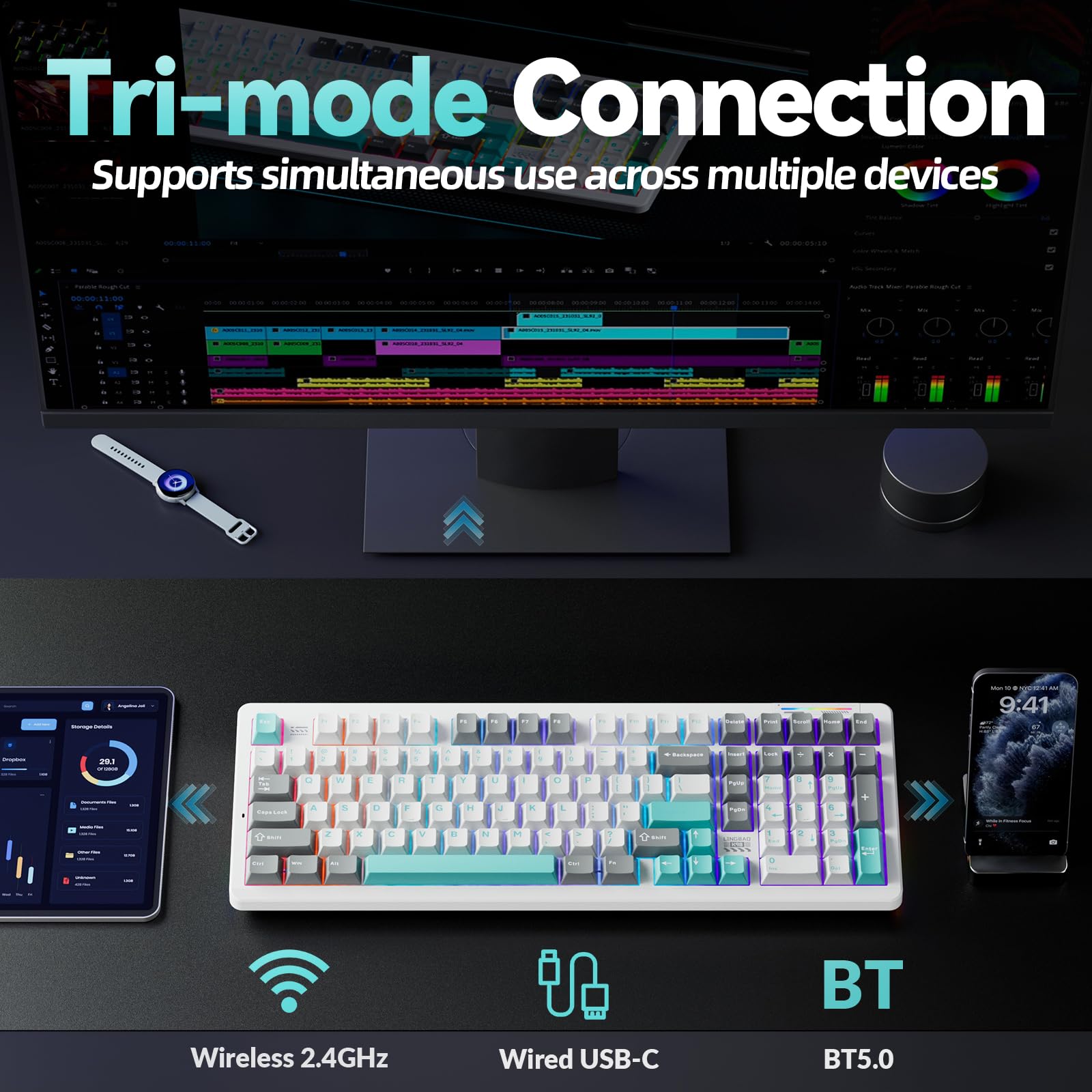 LINGBAO K98 - 96% Mechanical Keyboard Wireless,10000mAh Battery,Wireless Gaming Keyboard BT5.0/2.4G/USB-C, Gasket Hot Swappable,RGB Backlit, Creamy Sounding Keyboards with Number Pad for Win/Mac/PC