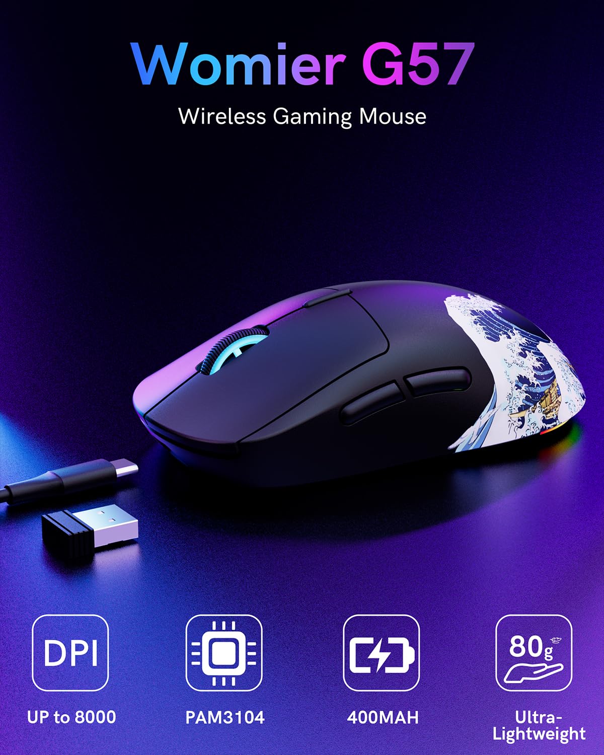 Typehaven G57 Wireless Gaming Mouse, 8000 DPI, 80g, 2.4G/Bluetooth/USB-C Rechargeable Wireless Mouse with 5 Programmable Buttons for PC/Mac, Black