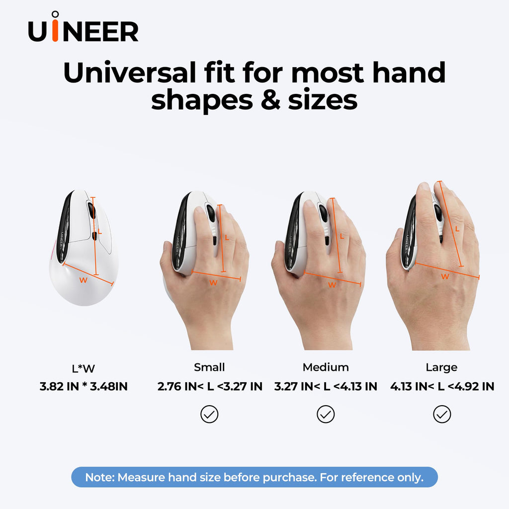 Uineer Ergonomic Wireless Vertical Mouse, Tri-Mode Bluetooth 5.0/4.0 and 2.4G USB, Rechargeable Silent Computer Mouse for Laptop, MacBook, iPad and PC, 4 DPI Levels, LED Light, 3-Device Switching