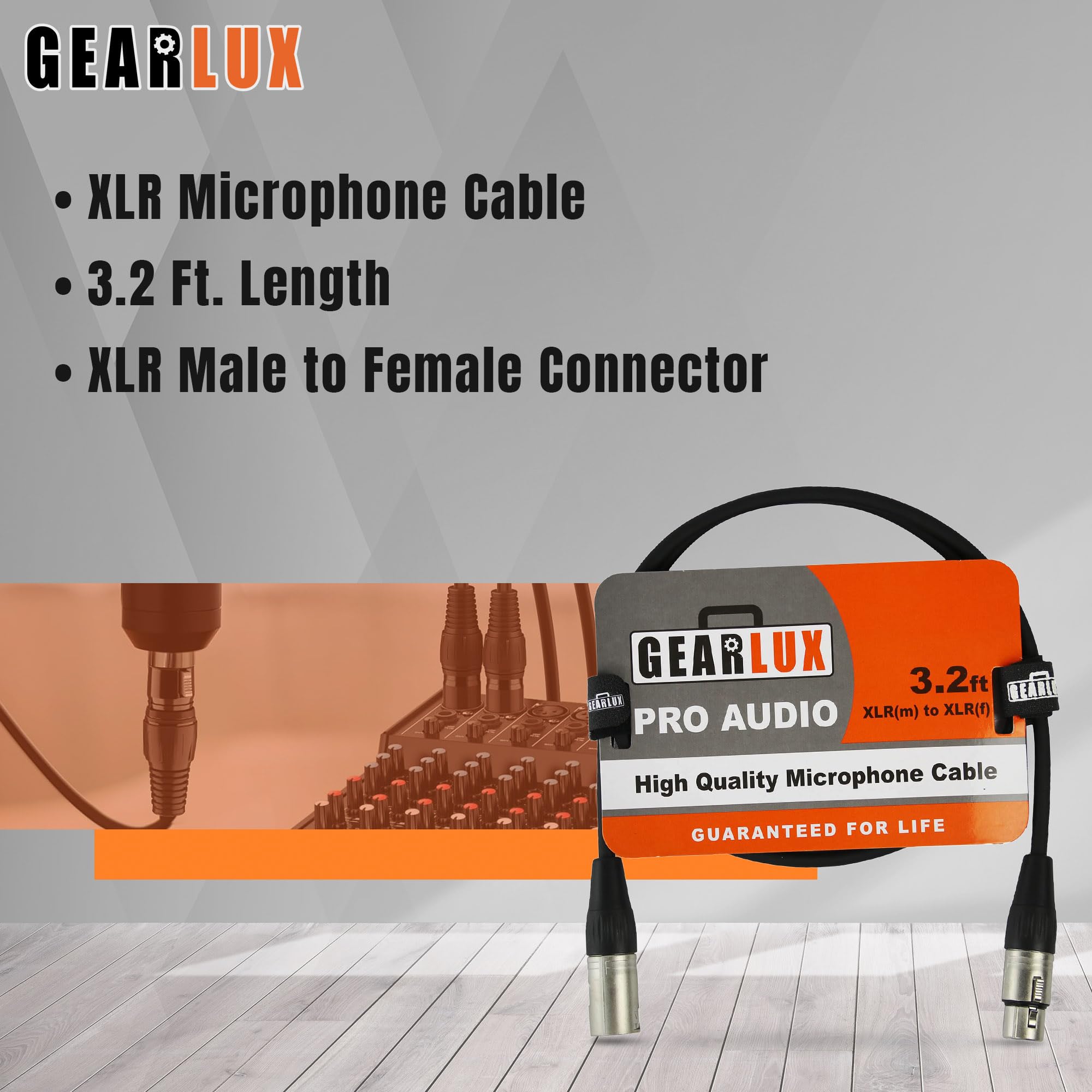 Gearlux XLR Microphone Cable, Fully Balanced, Male to Female, 3.2 Feet - Single Pack