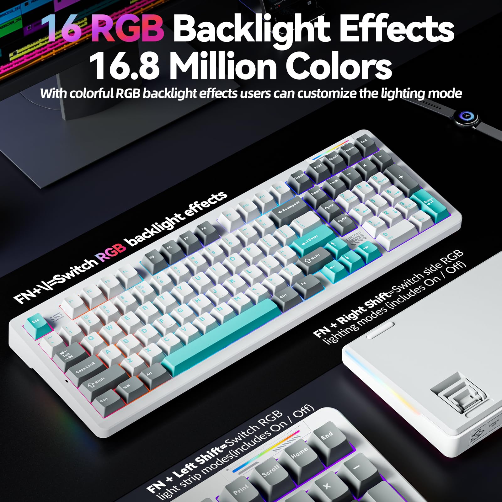 LINGBAO K98 - 96% Mechanical Keyboard Wireless,10000mAh Battery,Wireless Gaming Keyboard BT5.0/2.4G/USB-C, Gasket Hot Swappable,RGB Backlit, Creamy Sounding Keyboards with Number Pad for Win/Mac/PC