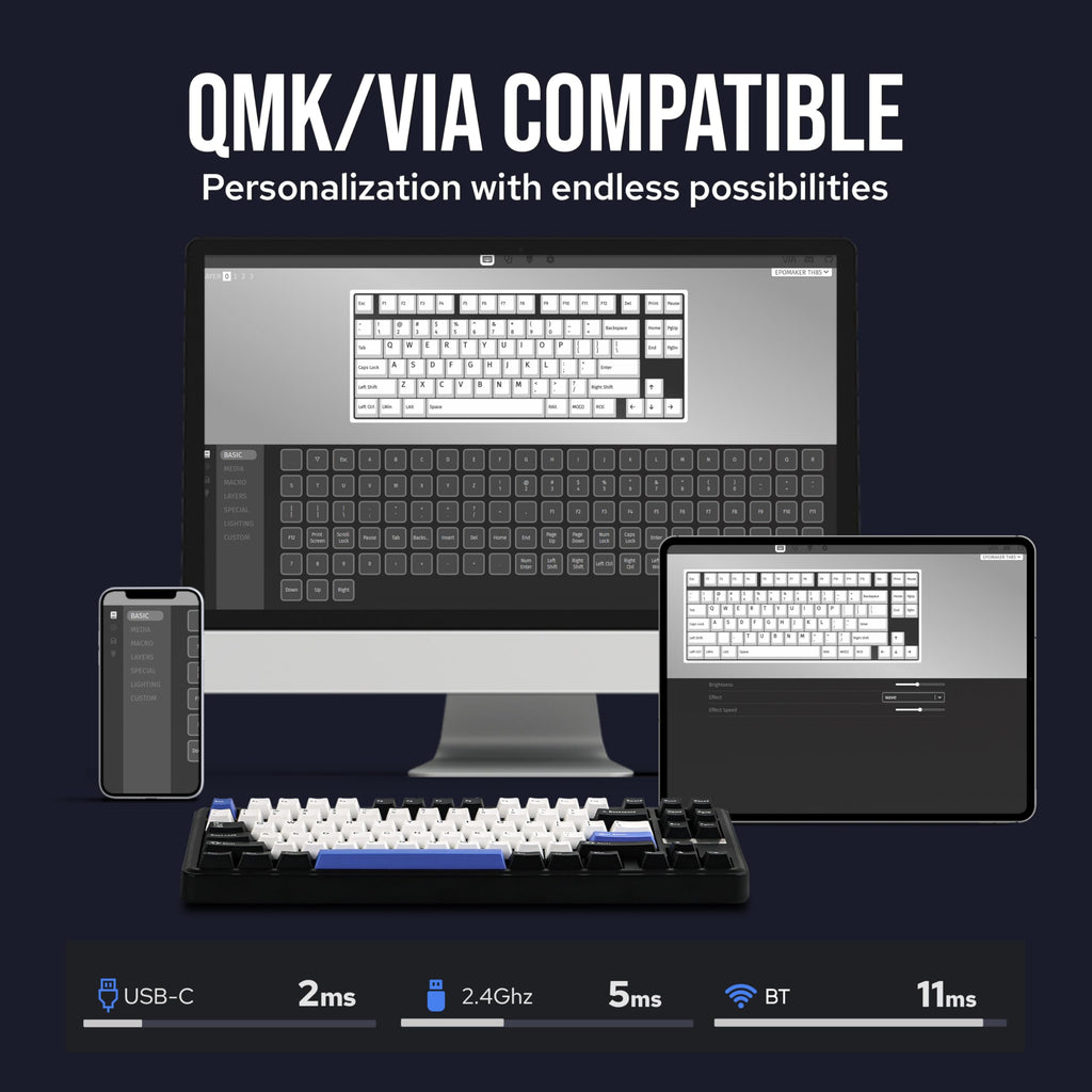 EPOMAKER TH85 QMK/VIA Wireless Gaming Keyboard, BT5.0/2.4GHz/USB-C, Hot Swappable Pre-lubed Custom Creamy Jade Linear Switches, Gasket Creamy Keyboard for PC/Mac/Office/Gaming (Black&White&Blue)