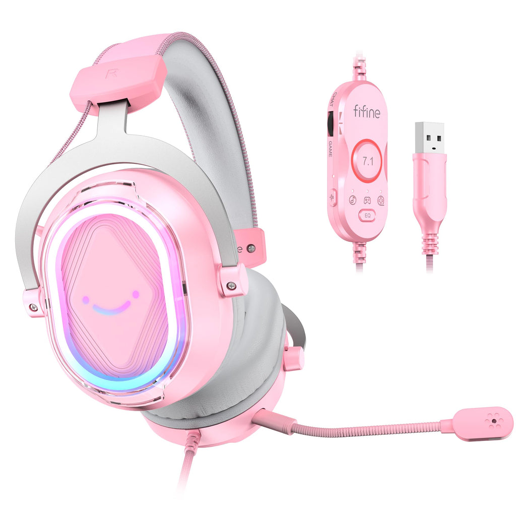 FIFINE Wired RGB Gaming Headset, PC Over-Ear Streaming Headset with USB, 7.1 Surround Sound, Noise-Cancelling Mic, Soft Ear Pads, 4 EQ Modes for PC, Laptop, Mac, PS4, PS5 - AmpliGame H13P (Pink)