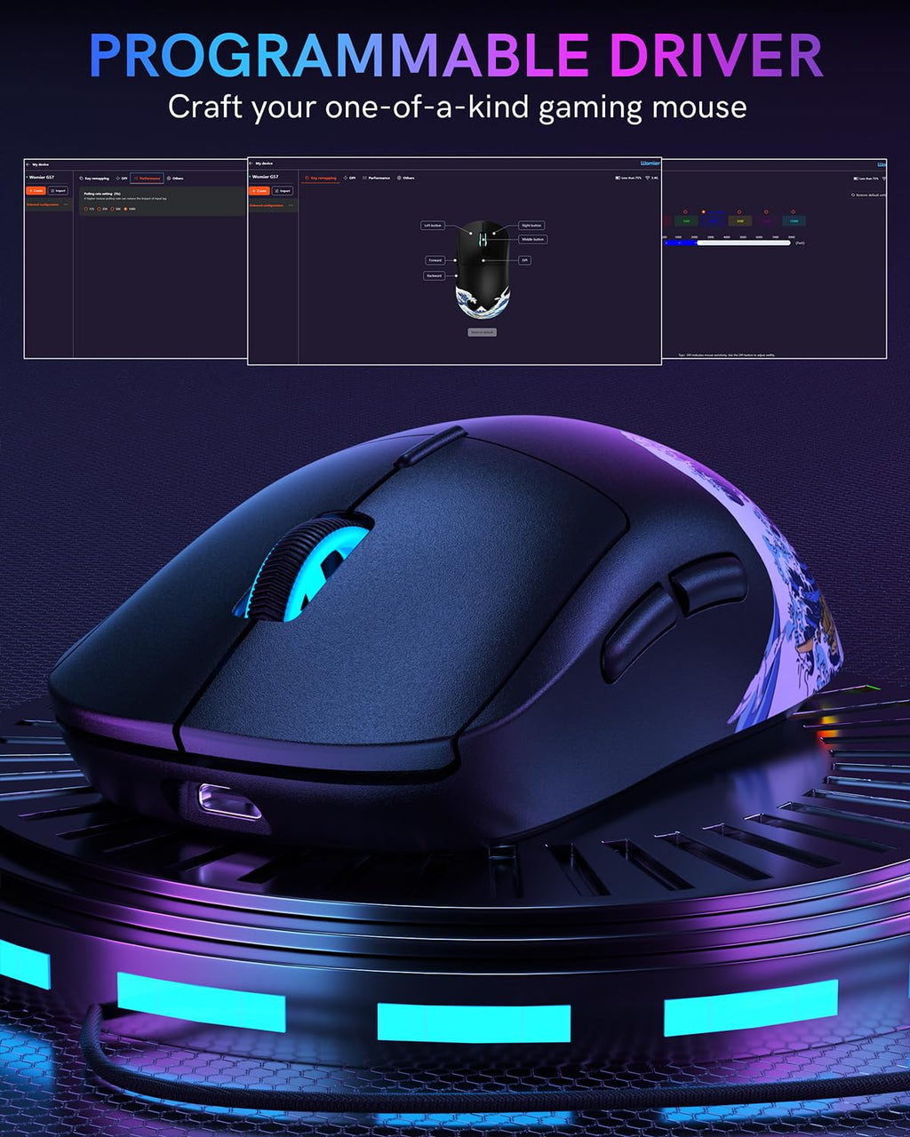 Typehaven G57 Wireless Gaming Mouse, 8000 DPI, 80g, 2.4G/Bluetooth/USB-C Rechargeable Wireless Mouse with 5 Programmable Buttons for PC/Mac, Black