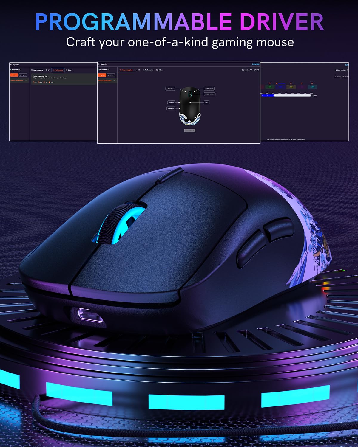 Typehaven G57 Wireless Gaming Mouse, 8000 DPI, 80g, 2.4G/Bluetooth/USB-C Rechargeable Wireless Mouse with 5 Programmable Buttons for PC/Mac, Black