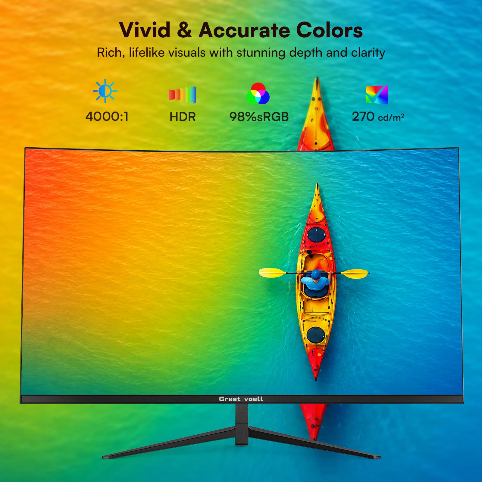 Great voell 27 Inch Curved Computer Monitor, 120Hz Full HD Display (1920 x1080), VA Panel, 99% sRGB, 4000:1 Contrast Ratio, HDR10, Eye Care, HDMI, Game Mode, VESA, Home Office
