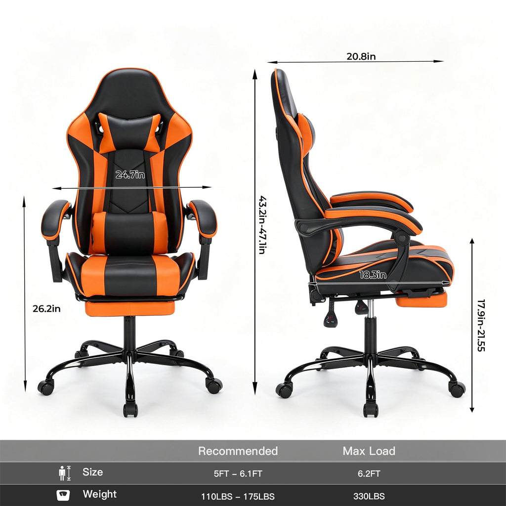 Big and Tall Gaming Chair with Footrest, Ergonomic Computer Desk Chair with Lumbar Support & Headrest, High Back PU Leather Gaming Office Chair, Reclining Swivel Task Chair for Office or Gaming